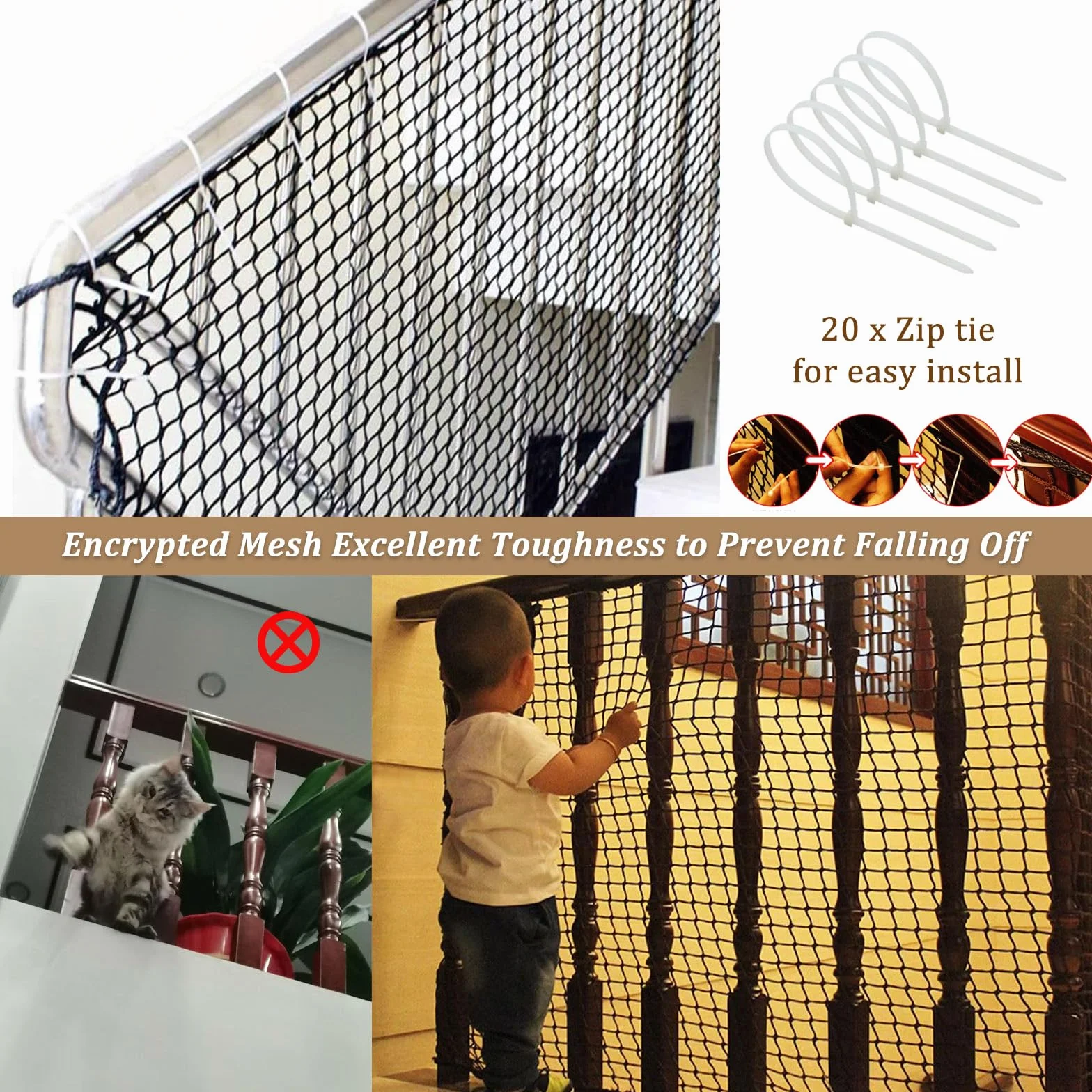 Red de Seguridad Para Niños, Red de Protección Anticaídas 4mm/4cm Para Escaleras Mascotas Gatos, Resistente al Desgaste Para Balcón Patio de Recreo Vallas Gatos(Size:1*5m(3*16ft),Color:negro)