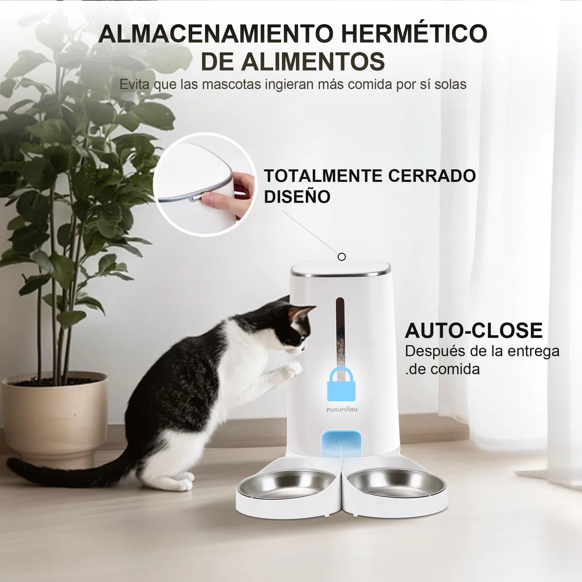FUKUMARU Comedero Gato Automatico WiFi, 4L Dispensador Comida para Perro/Gato con Dos Cuencos, Programa Personalizado de Alimentación Automática, Funcionamiento por Pilas y cableado eléctrico, Blanco