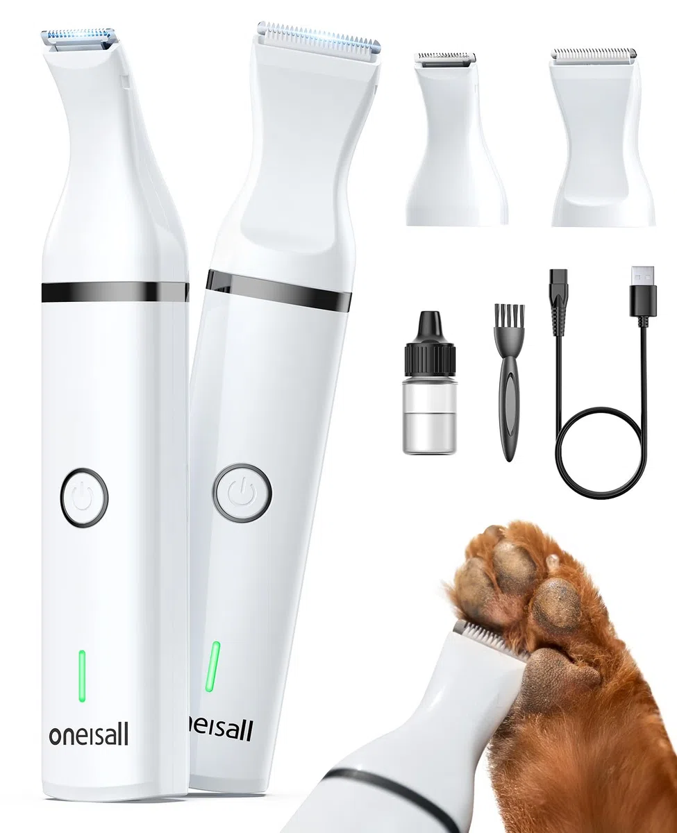 oneisall Cortapelos para perros bajo nivel de ruido para recortar el pelo de perro alrededor de las patas, los ojos, las orejas, la cara y el rump (Blanco)