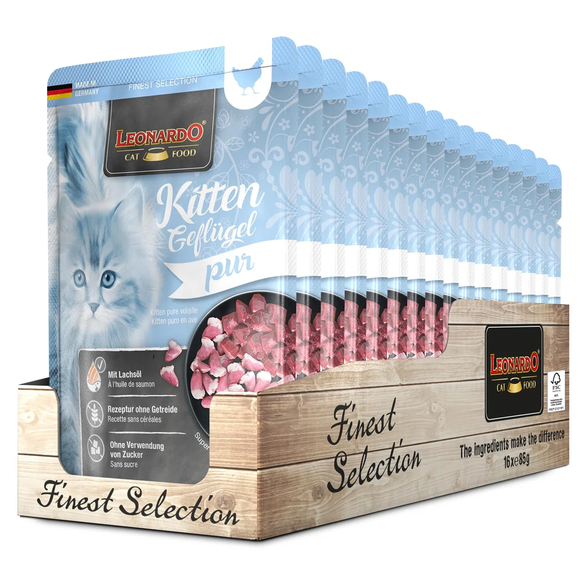 LEONARDO Bolsas [16x85g Kitten Puro en Ave] | Alimento húmedo sin Cereales para Gatos |Alimento Completo en prácticas raciones Individuales