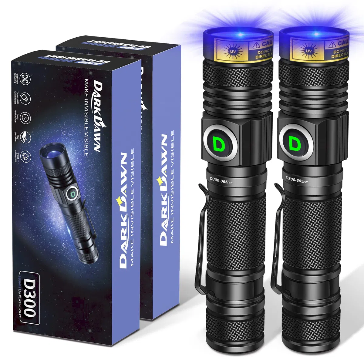 DARKDAWN UV 365nm Luz Linterna USB Recargable, Ultravioleta LED Luz Negra Lámpara de Wood Portátil, Fluorescente Mini Detector de Orina de Mascotas Manchas, Uranio Vidrio, Curado de Resina, 2 Paquete