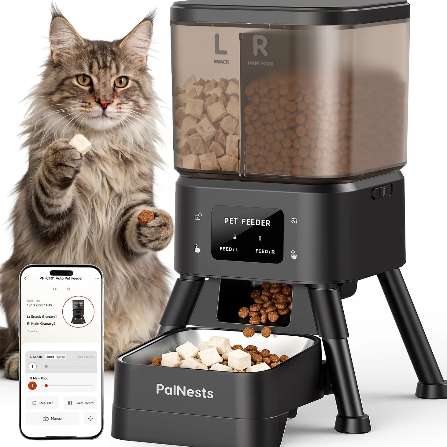 4L Comedero Gato Automatico con Doble Tolva, 5G/2.4G WiFi Inteligente Dispensador Comida Gatos Automático, Control de App, 1-10 Comidas al Día, Alimentación Lenta, Cubeta de Acero Inoxidable