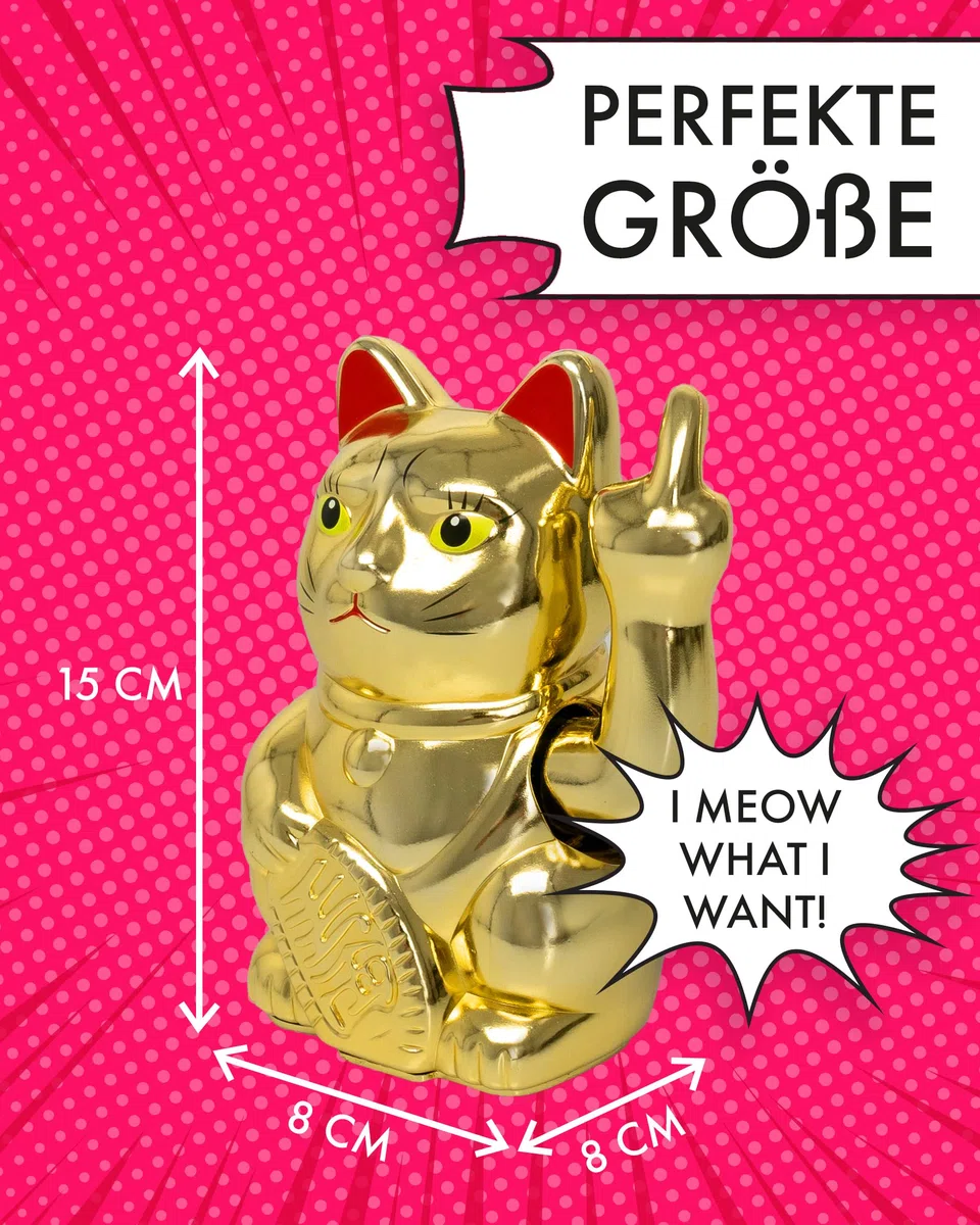 ANGRY CAT - Gato de guiño Lucky Cat - Gato Divertido Que Llama - Gato japonés - Artículo Decorativo de Gato - Brazo de ángulo - 15 cm - Oro