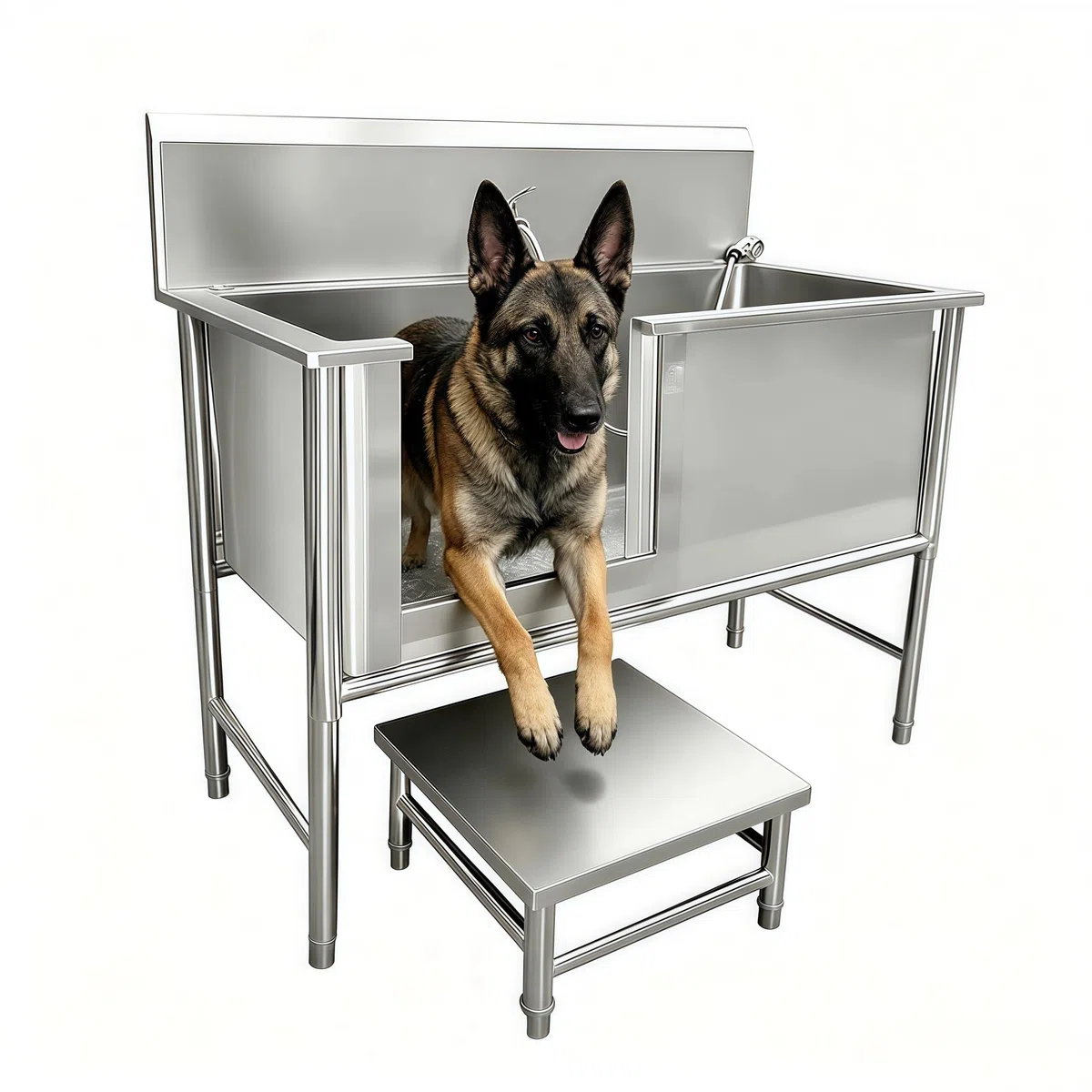 Estación de Lavado para Perros de Acero Inoxidable, Bañera Para Aseo de Mascotas Profesional con Puerta Corredera Izquierda y Rampa, Grifo Extensible, Orificio de Drenaje con Filtro 100/120cm (100cm)