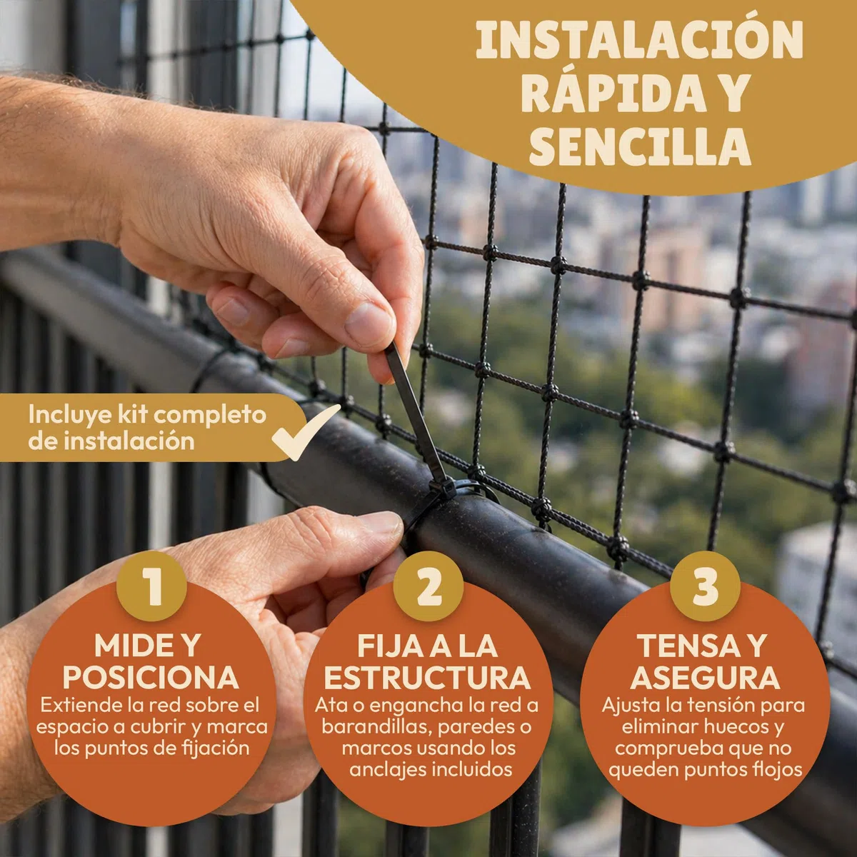Para Gatos Terraza Reforzada Con Acero, Malla Metálica De Seguridad Anticaídas Balcón, Ventanas Y Exterior Kit Completo Instalación 25 Bridas, Tacos Ganchos Resistentes, Red, 4x3m