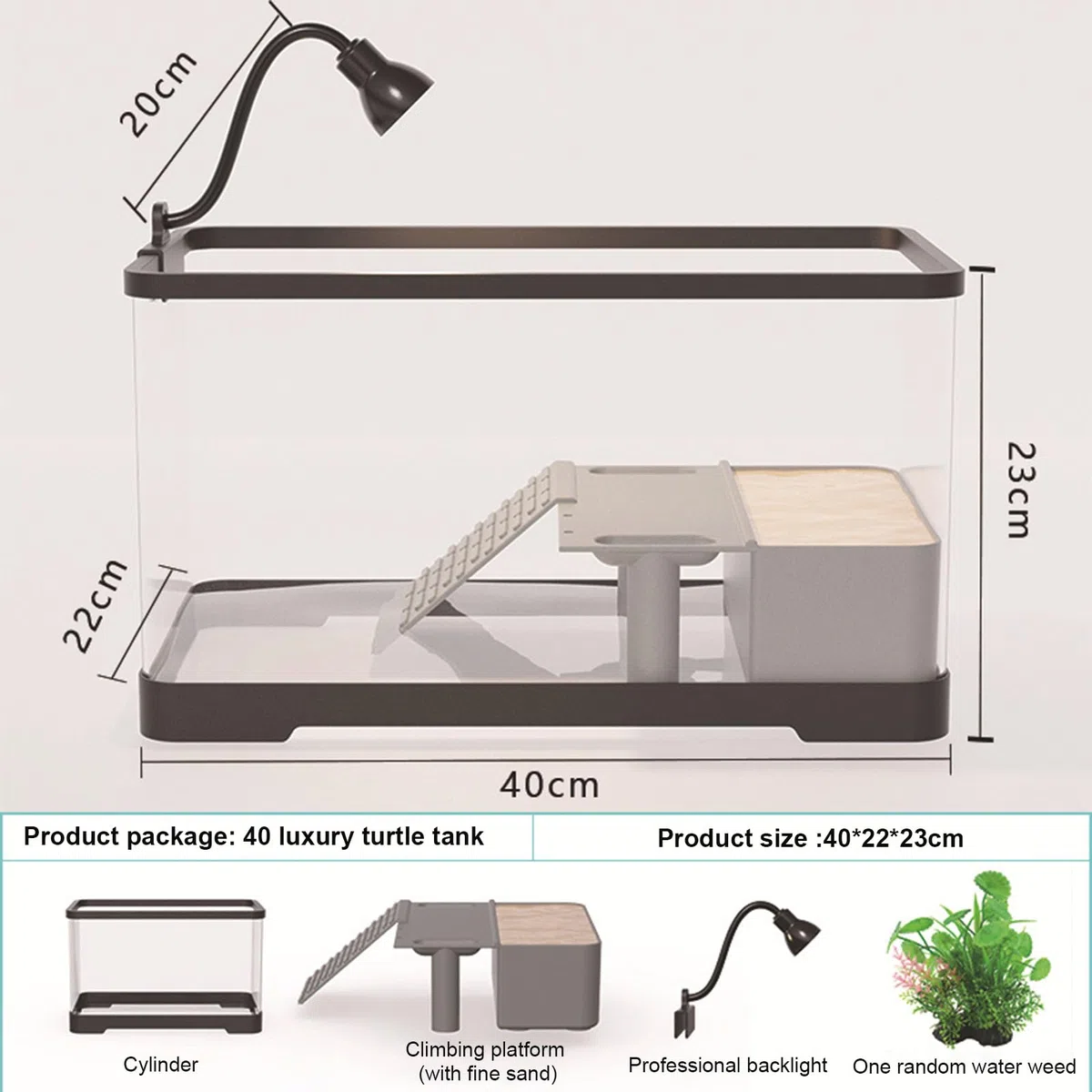 Vivario para tortugas, acuario para tortugas con plataforma flotante, terrario para reptiles con luz de baño, hogar para tortugas fácil de limpiar y cambiar el agua, para cangrejos 40x22x23cm