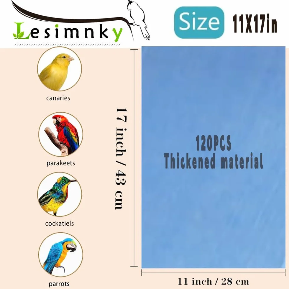 120 forros para jaulas de pájaros, 28 x 43 cm, desechables, no tejidos, forros de papel precortados, absorbentes, jaulas fecales, jaulas para jaulas de animales y mascotas, cojín para loros