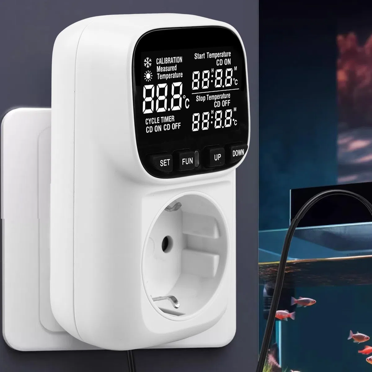 Regulador de temperatura digital 230 V con sensor, calefacción, refrigeración, termostato, toma de corriente, interruptor de temperatura con temporizador, alarma para invernadero, acuario, terrario,