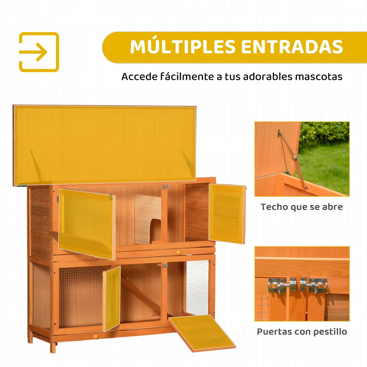 PawHut Conejera de Madera Exterior de 2 Niveles, Jaula para Conejos con Techo de Asfalto Abatible, Puertas, Rampa y 2 Bandejas Extraíbles, 120x48x100 cm, Madera Natural