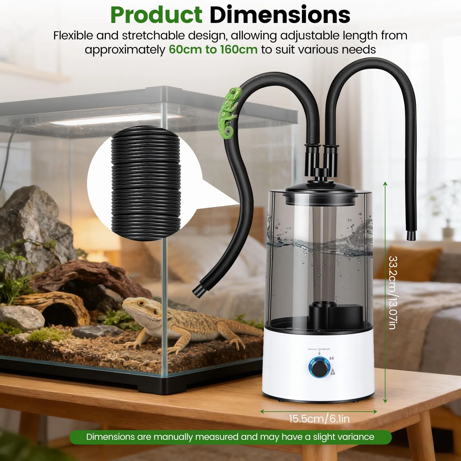 Humidificador Aéreo para Reptiles, 4L Generador Niebla para Terrarios con Tubo Doble Extensible, Ajuste en Tres Niveles del Tamaño de la Niebla, Vaporizador Ultra Silencioso para Reptiles