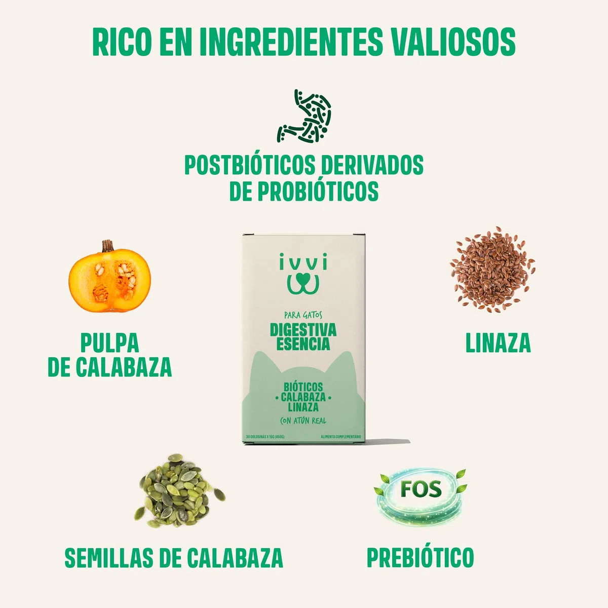 ivvi Esencia Digestiva para Gatos – 30 Snacks Cremosos con Atún, Calabaza, Linaza y Postbiótico derivado de Probióticos – Digestión, Flora Intestinal y Bienestar – 450 g