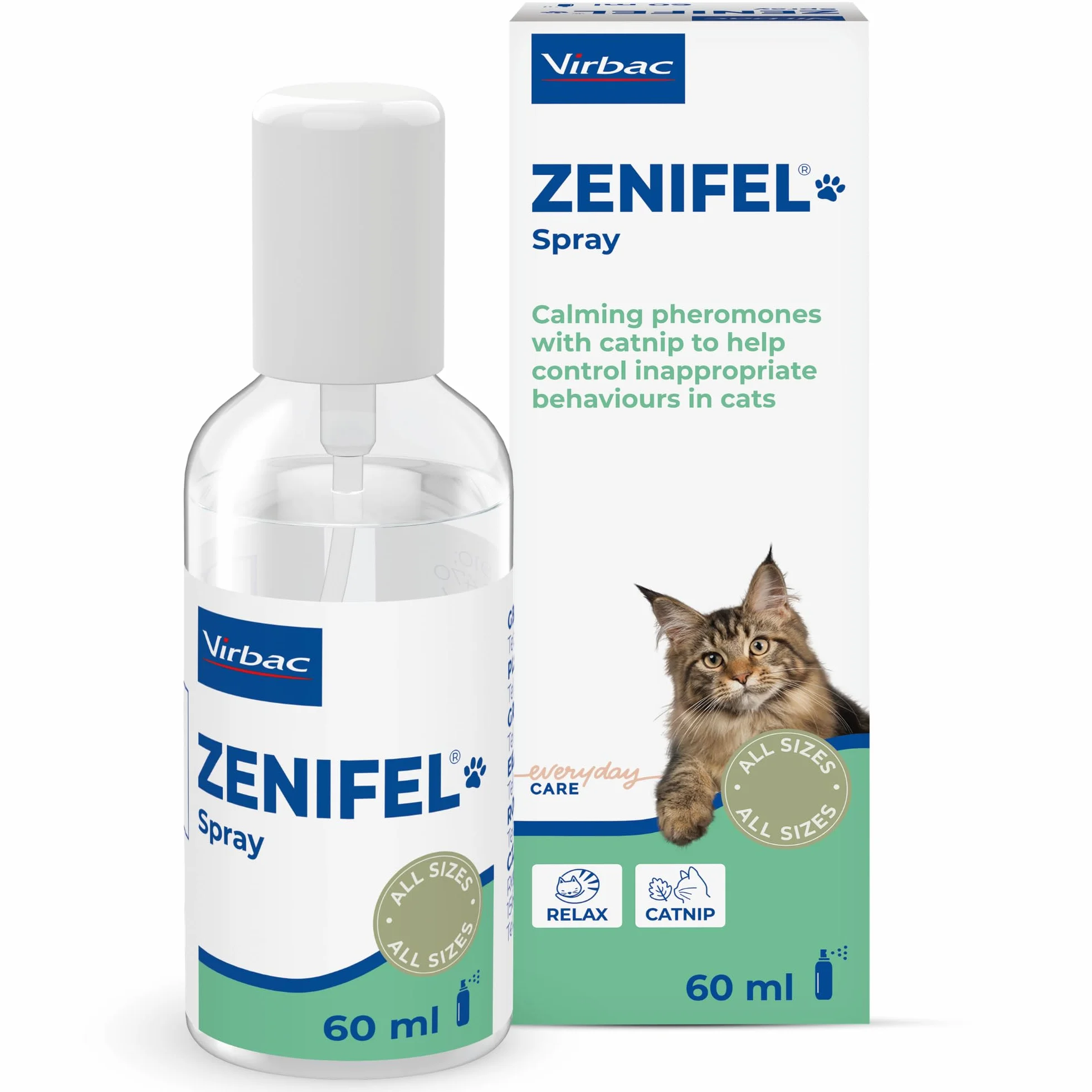 Virbac Zenifel Spray feromonas para Gatos - Antiestrés con feromonas y Catnip - Spray Relajante de acción rápida - 60ml