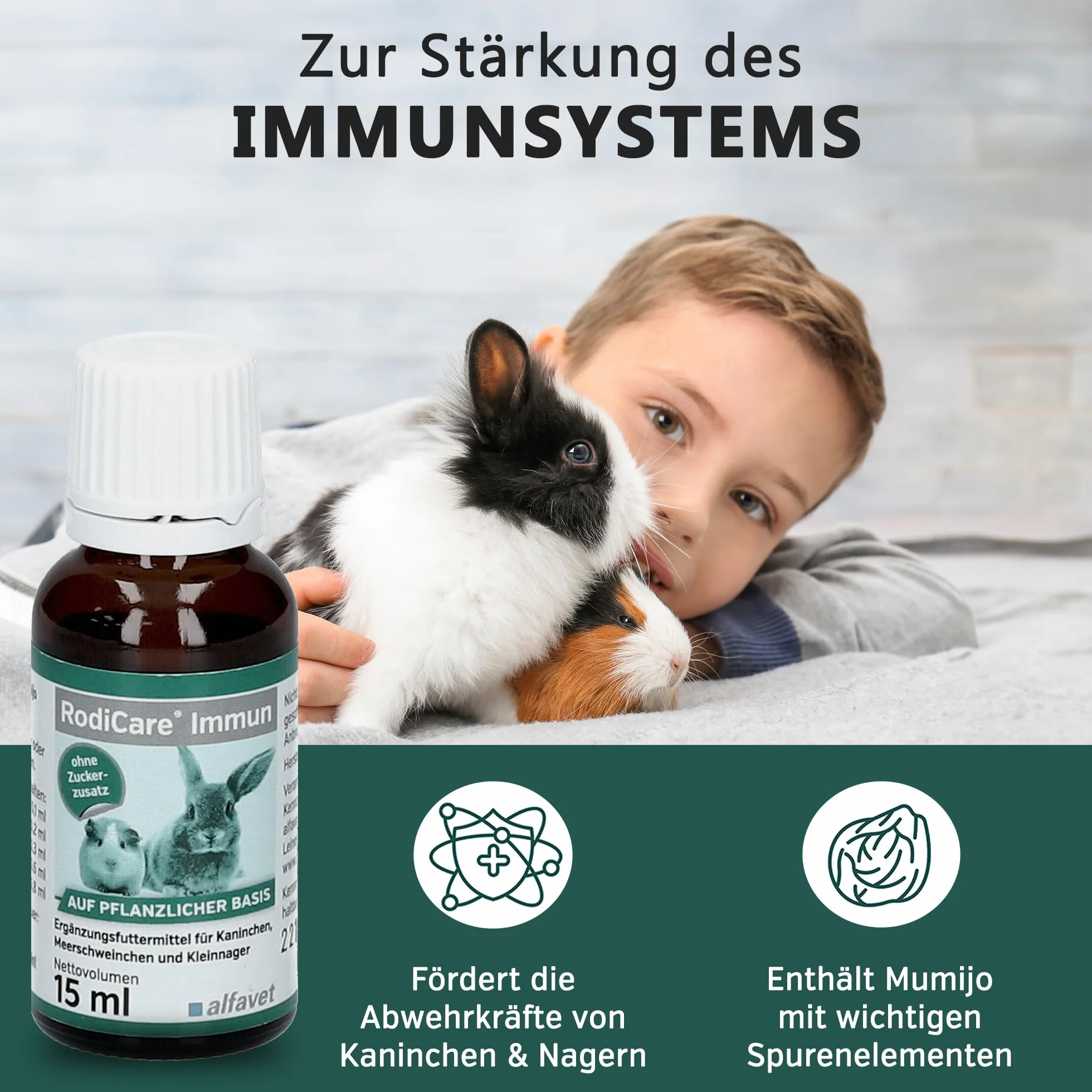 Alfavet RodiCare Immun - Alimento complementario para Conejos, cobayas y pequeños roedores - Refuerzo inmunitario - 2 x 15ml con jeringa dosificadora