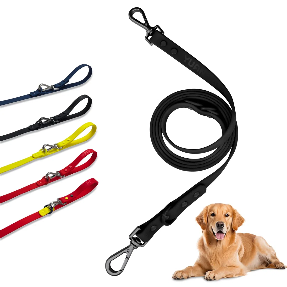 Correa Impermeable para Perro, Correa de Perro Resistente de Doble Extremo, Correa de Nailon recubierta de PVC, fácil de Limpiar, 3 Longitudes o 2 Cachorros (Negro, M)