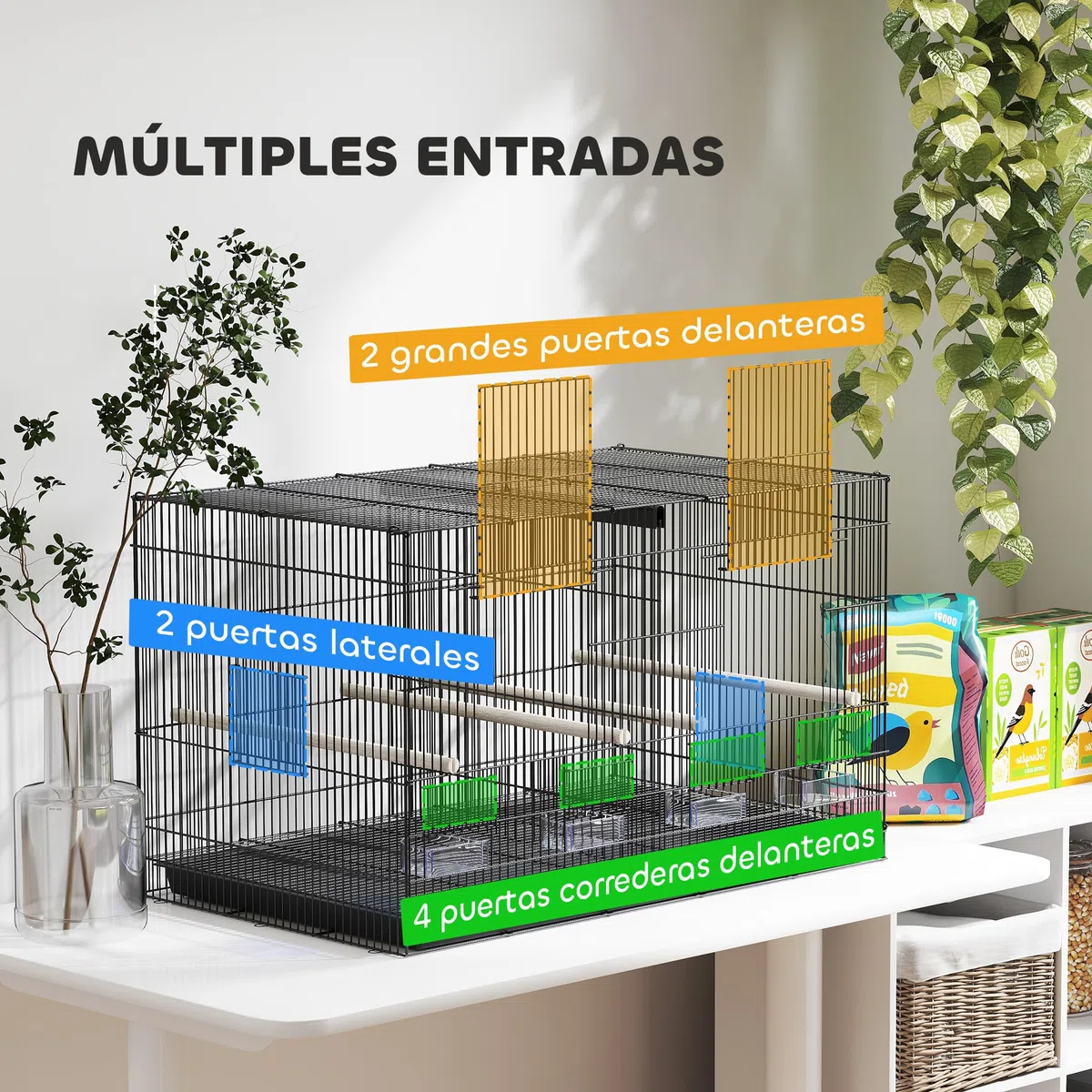 PawHut Jaula para Pájaros con Divisor, 76x46x46 cm, Pajarera con 4 Comederos, 4 Perchas y Bandeja Extraíble, Jaula para Loros, Canarios, Periquitos, Negro