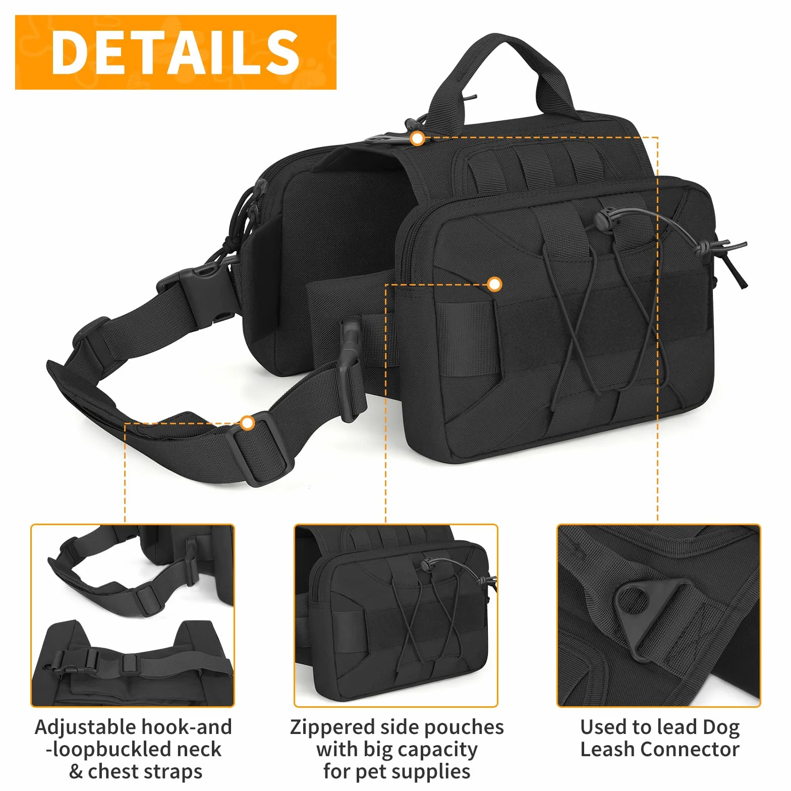 Huntvp Mochila Táctica para Perros 1000D Arnés para Perros con Grandes Bolsillos Alforja Ajustable Molle para Perros Medianos Grandes Viajar Senderismo,Negro