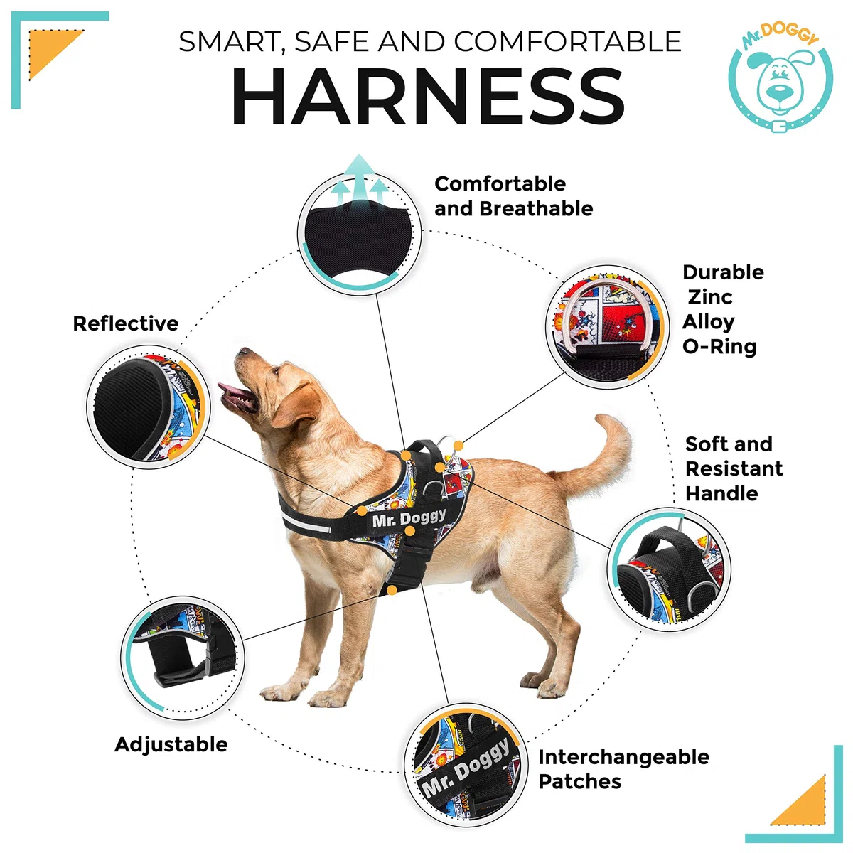 Arnés Personalizado para Perros - Arnés para Perros Reflectante y Seguro - Incluye 2 Etiquetas con Nombre - Tamaño Pequeño, Mediano y Grande - De Calidad y Resistente (S 6-14KG, Cómic)