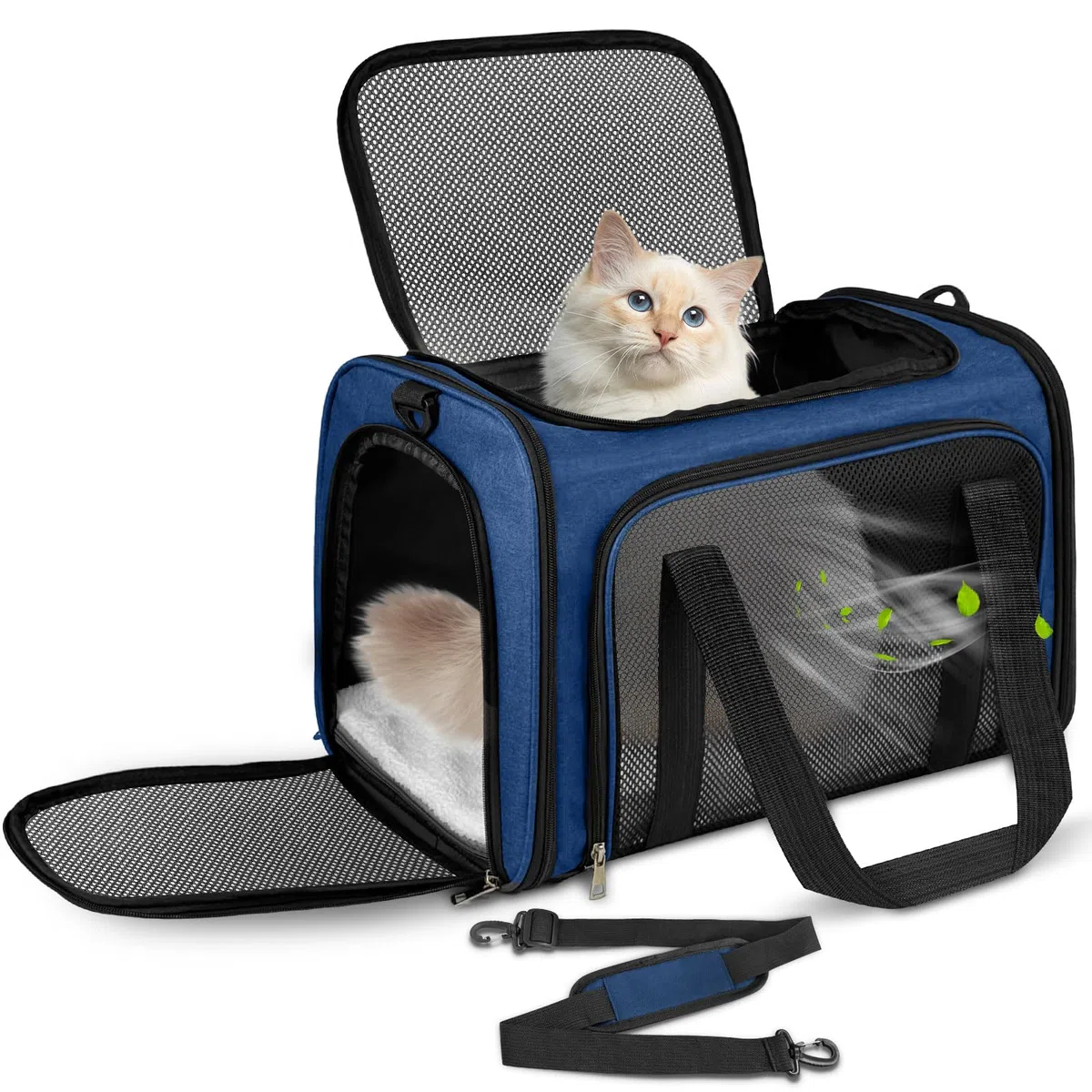 Transporttasche Katze, Transporttasche für Katze Hund bis zu 8kg, tragbare Faltbare Haustier Transporttaschen mit Schultergurt für mittlere kleine Haustiere (Dunkelblau, 50x34x34cm)