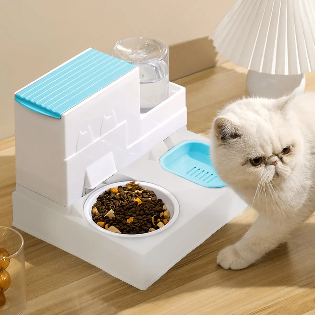 Dispensador de croquetas para gatos, dispensador automático de alimentos por gravedad, con cuenco de comida para animales, fácil de limpiar, fácil de limpiar (A azul)