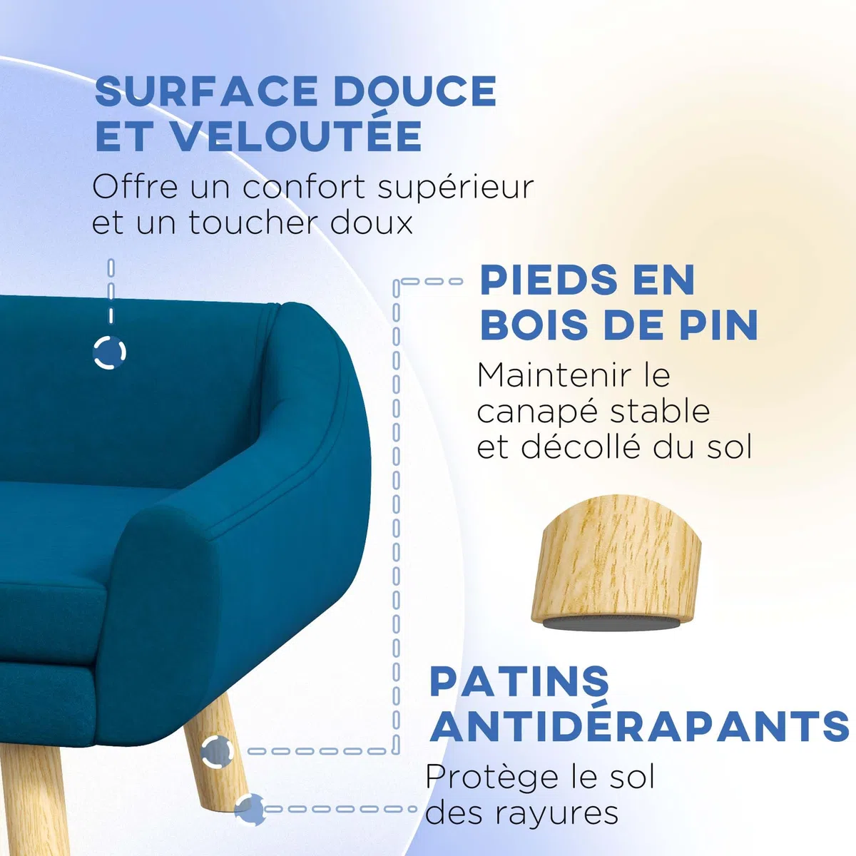PawHut - Sillon Cama para Perro, Gato, Diseño Escandinavo, Cojín Mullido, Extraíble, Tejido de Terciopelo, Patas de Madera Maciza, 102 x 58,5 x 42,5 cm, Color Azul