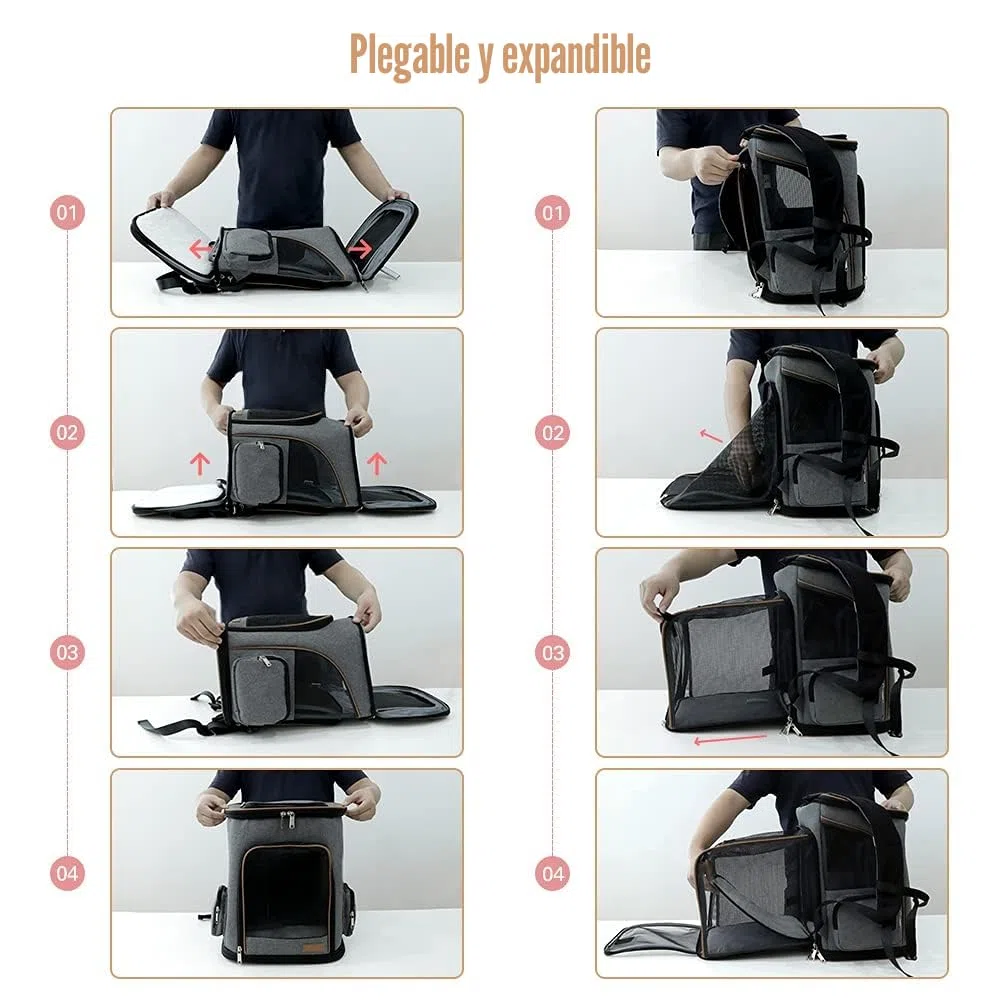 Lekesky Transportin Gato Mochilas para Gatos y Perro Bolsa para Mascotas Expandible Mochila Gato para Automóvil/Avión (Gris, M)