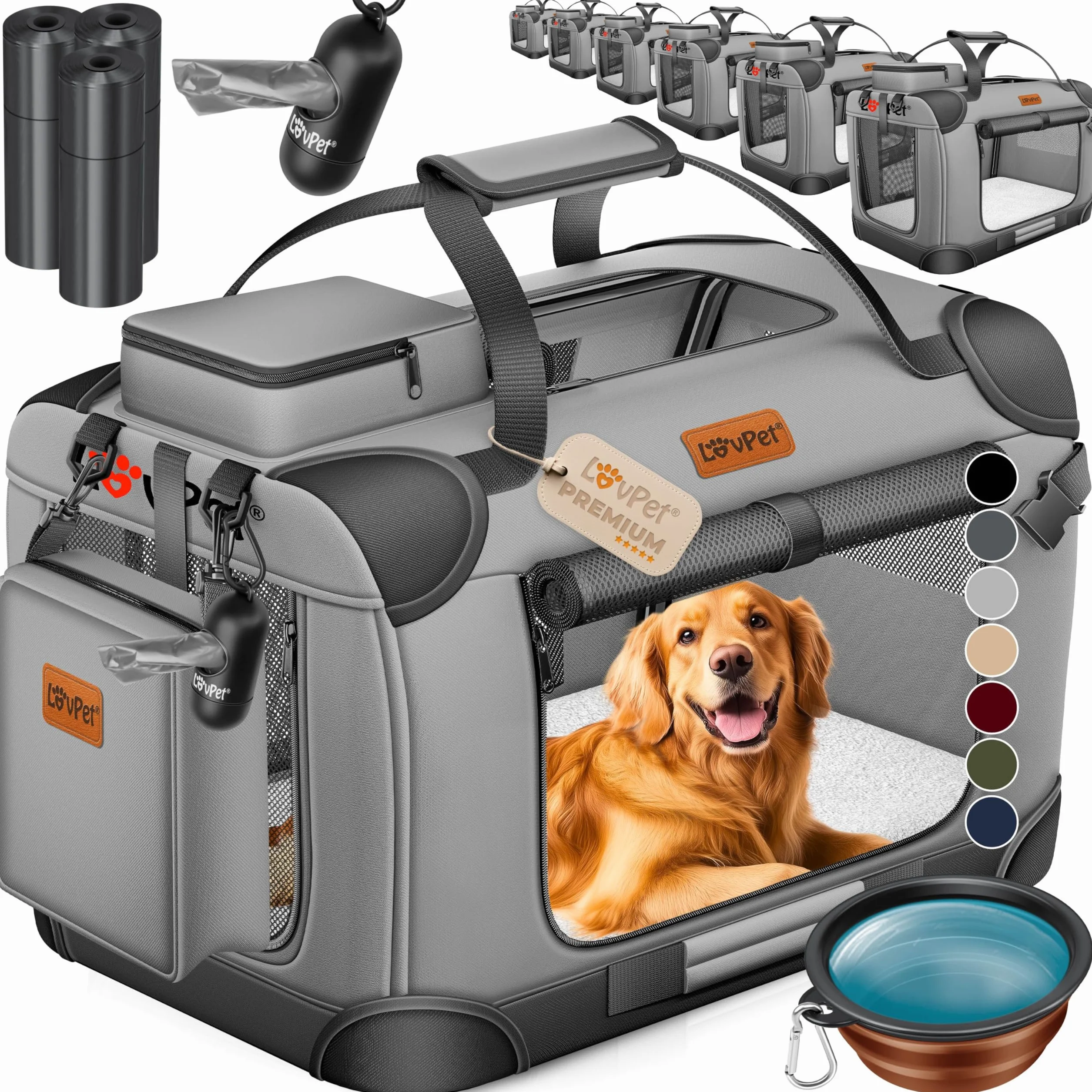 Lovpet® Transportín para perros, plegable, incluye cuenco para alimento, tamaño XXL 91,4 x 63,5 x 63,5 cm, caja de transporte para mascotas, perros y gatos, gris claro