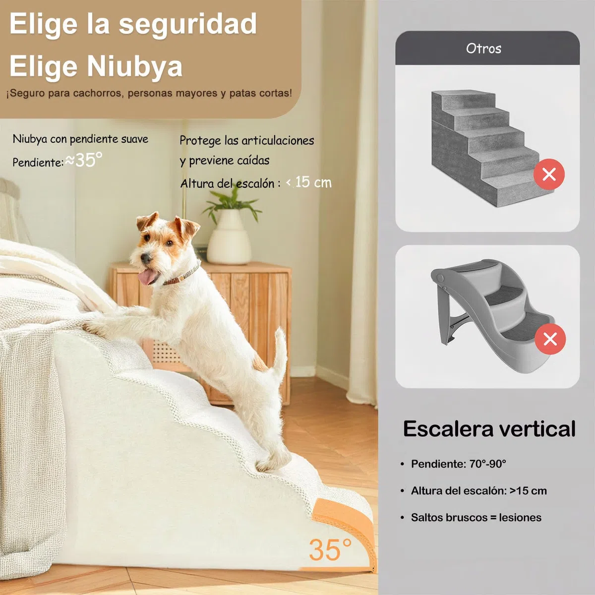 Niubya Escalera para Perros y Gatos Pequeños, 2 Peldaños 30 cm, Espuma 30D Alta Densidad, Antideslizante, Funda Extraíble Lavable, Sofá y Cama para Mascotas Mayores, Beige