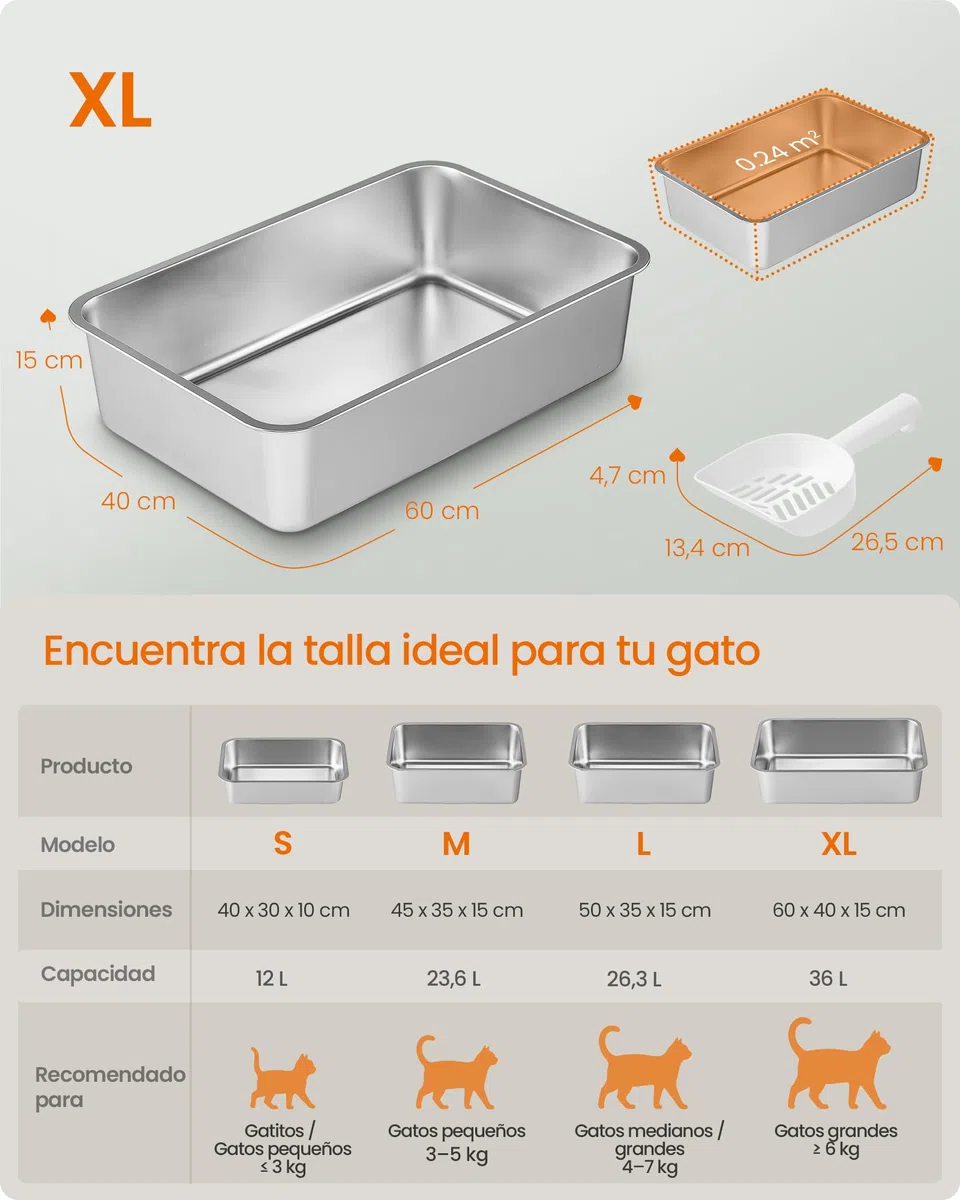 Feandrea Bandeja Sanitaria para Gatos de Acero Inoxidable, Arenero Abierto con Pala, 60 x 40 x 15 cm, para Gatos Grandes, Plateado PPT019E101