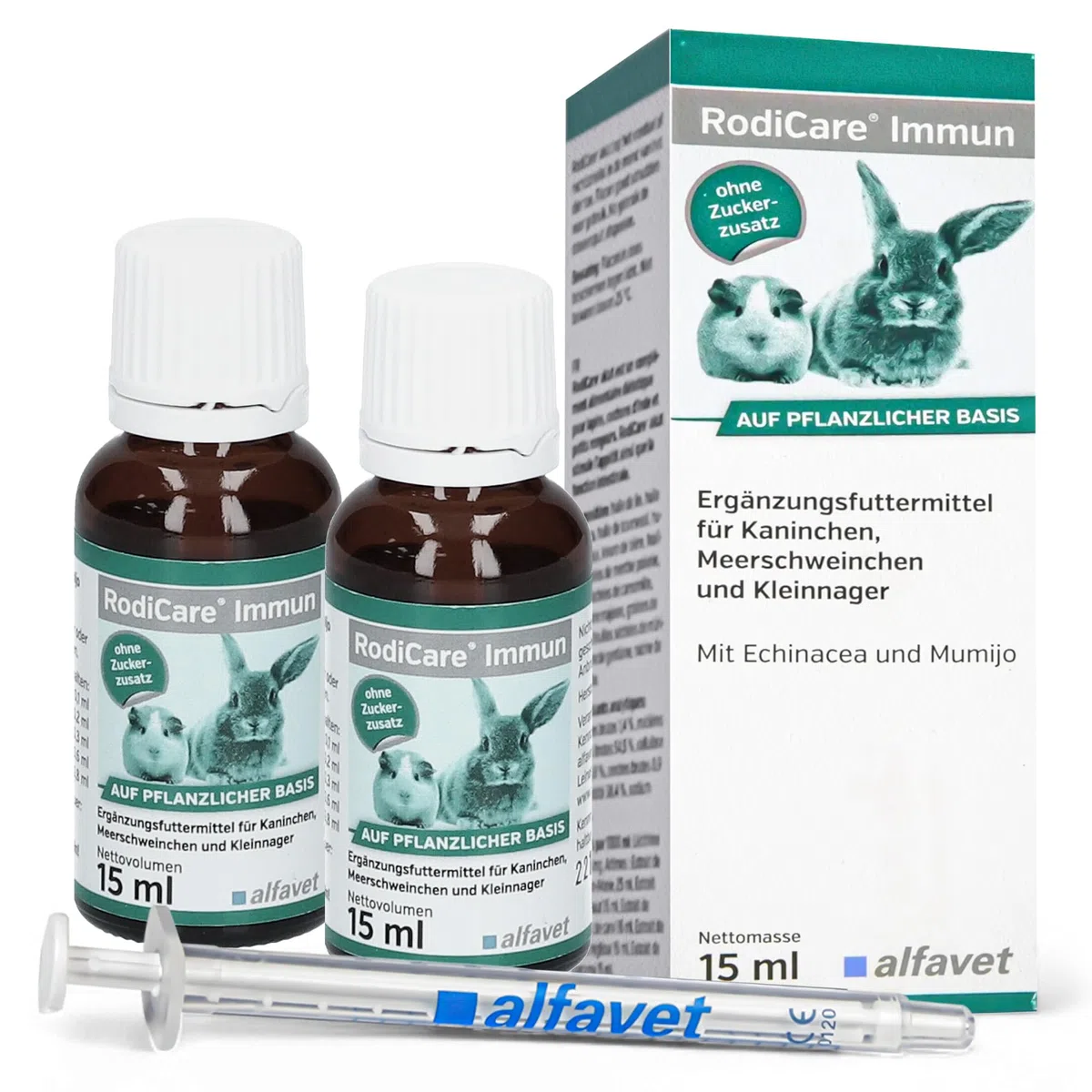 Alfavet RodiCare Immun - Alimento complementario para Conejos, cobayas y pequeños roedores - Refuerzo inmunitario - 2 x 15ml con jeringa dosificadora
