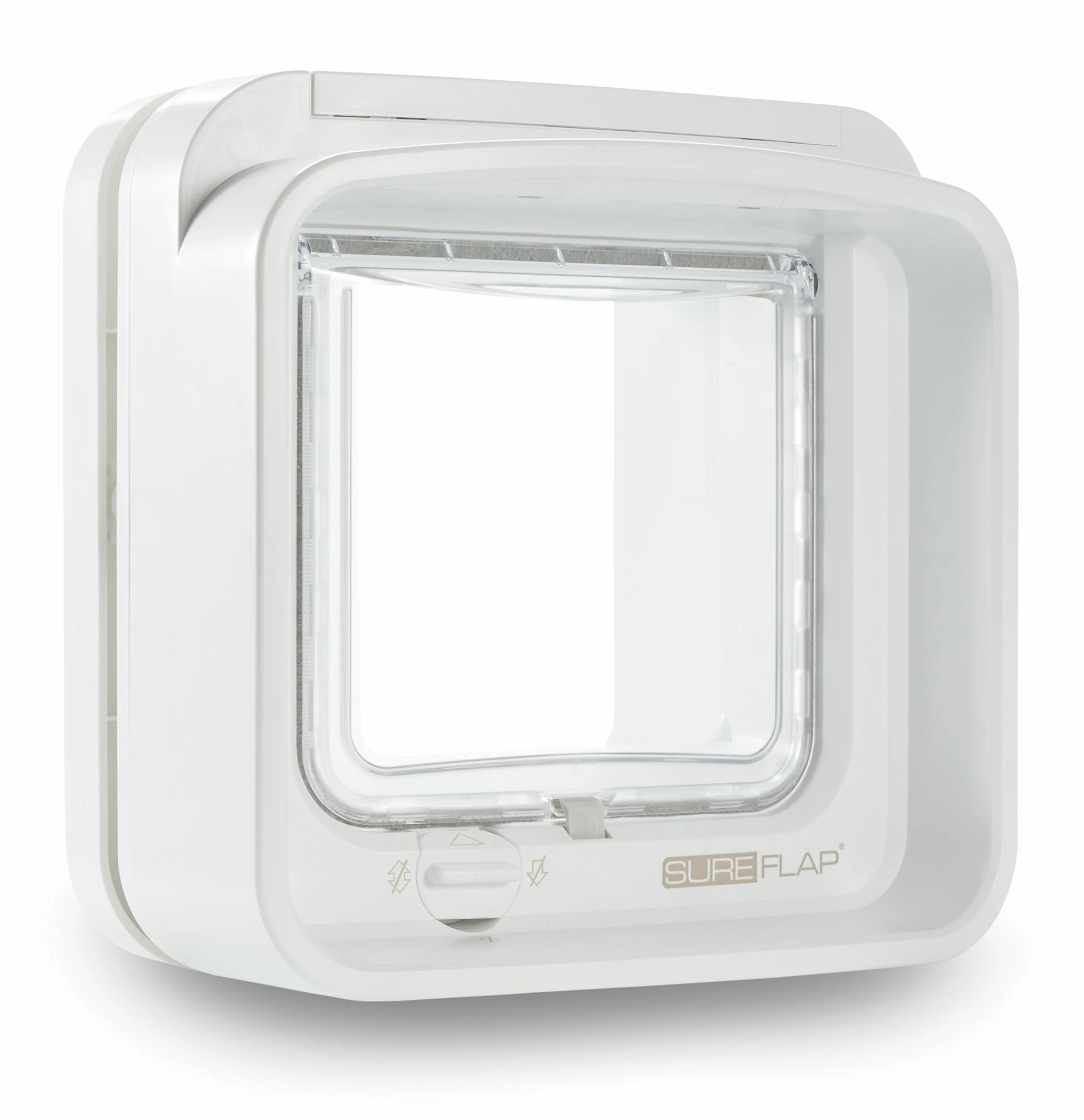 Gatera SureFlap DualScan Sure Petcare con Lector de Microchip y Placas de identificación RFID; Control con 1 Solo botón; para Puertas, Ventanas y Paredes; Blanca; Necesita 4 Pilas AA (no Incluidas).