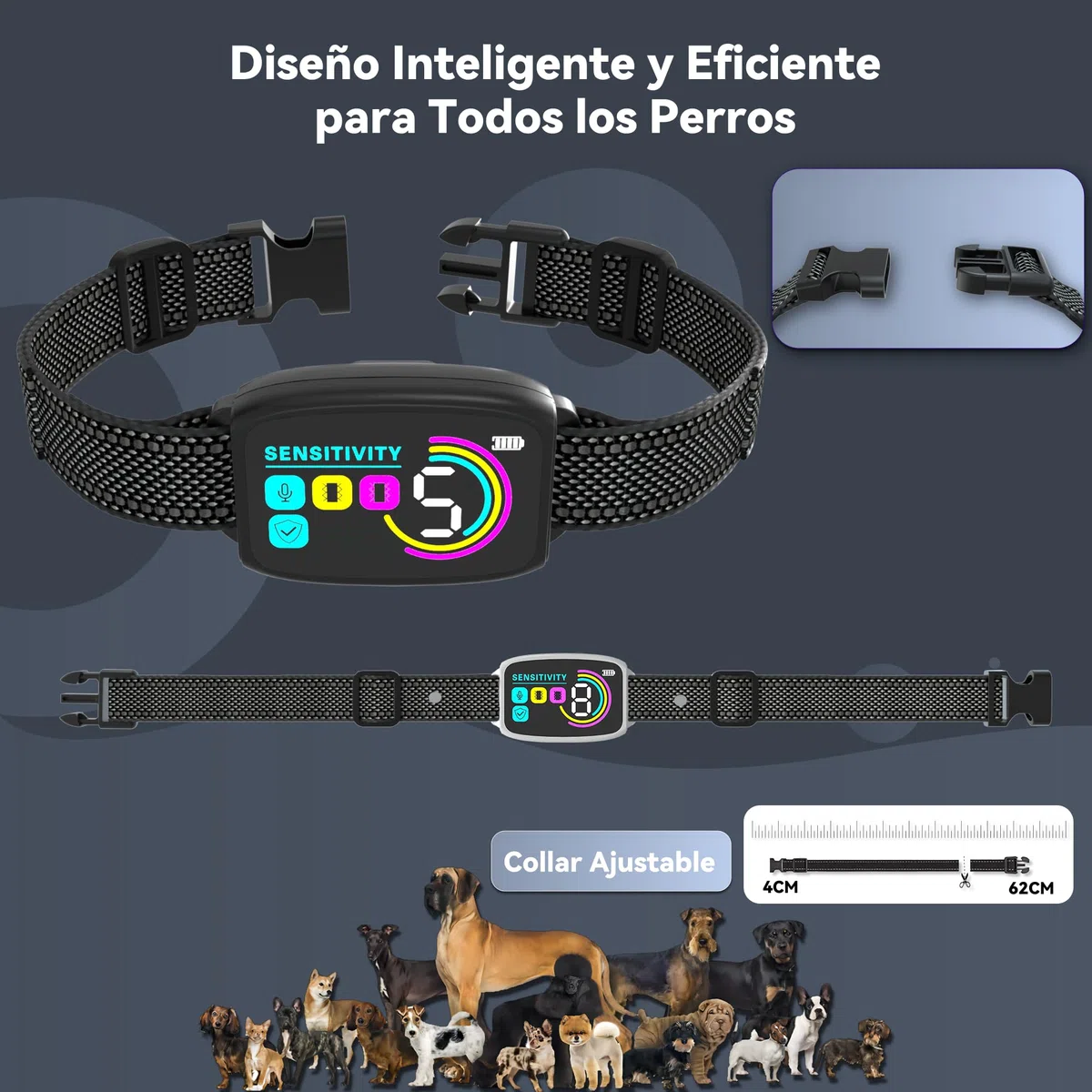 Collar Antiladridos Automático para Perros,Detección Inteligente de Ladridos con Modos de Vibración/Sonido/Fuerte Vibración,Resistente al Agua y Recargable,Adecuado para Perros Grandes y Medianos