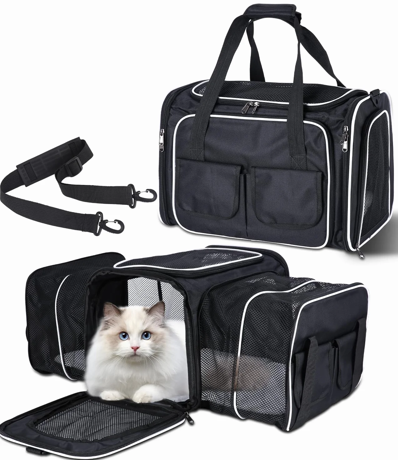 Transportín Gato Plegable Grande Con Colchón Suave, Correa de Hombro Ajustable, Para Coche y Avión, Viaje (Negro)