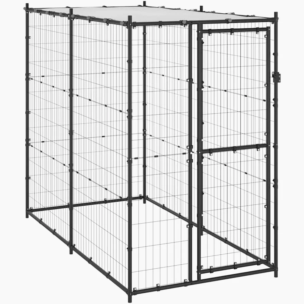 vidaXL Perrera para perros al aire libre, jaula para mascotas con puerta y techo, casa de parque para perros, valla de metal resistente para exteriores, para patio, acero