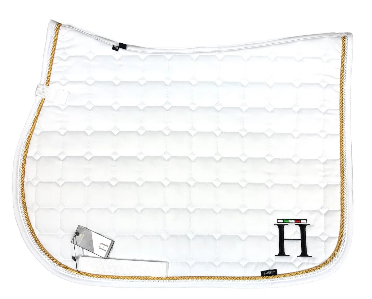 Horses, Mantilla para Caballos Ideal para Salto Ecuestre 100% Algodón, Cierre de Velcro, Ribete Trenzado, Antichoque (blanco/oro frío)