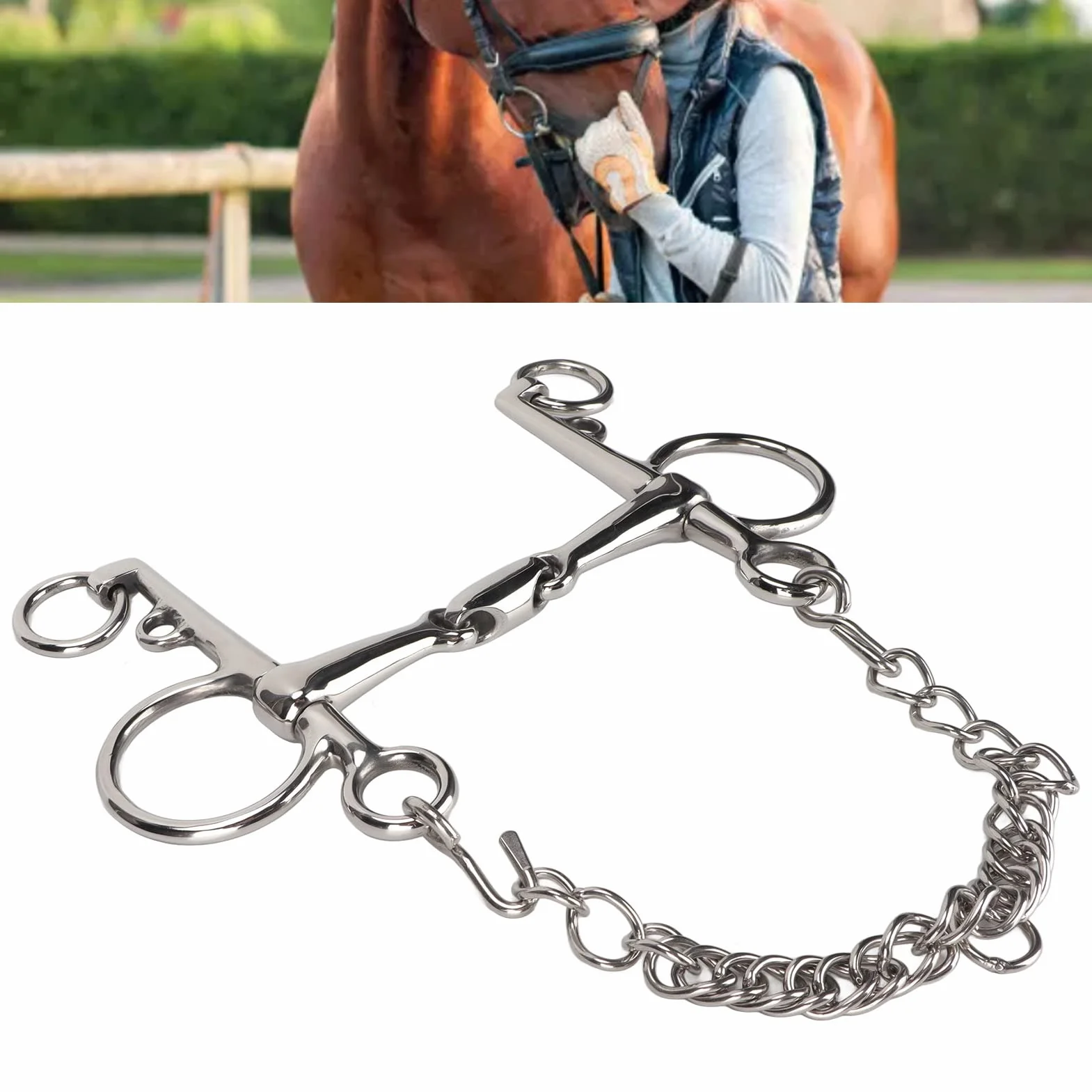 Broca Pelham para Caballos, Resistente a Roer, Facilidad de Control, Broca Pelham de Boca Articulada, Tachuela para Caballos de Acero Inoxidable Duradera con Cadena de Bordillo
