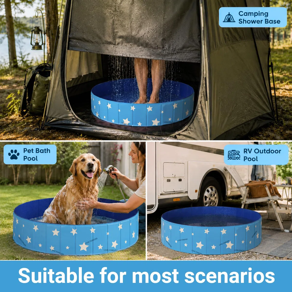 ZoneYan Piscina Plegable para Perros 80 * 30 cm, Bañera para Perros de PVC con Doble Desagüe, Ducha Plegable para Mascotas de PVC, Piscina de Bañopara Perros Pequeños y Medianos (Azul)