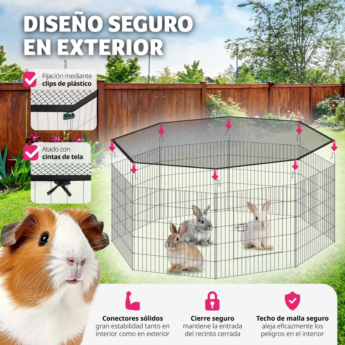 Parque para Perros con 8 Piezas de Rejilla, Puerta de Seguridad Doble Cierre, Vallas para Perros, Red de Seguridad incluida, Cercado Ampliable - 145 x 145 x 73 cm