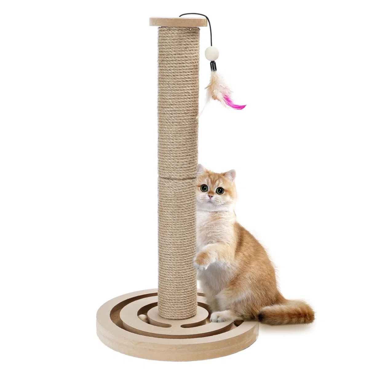 Nobleza Poste Rascador para Gatos con Base de Madera y Bolas, Árbol Rascador de Sisal Natural con Pluma, Juguete Interactivo 3 en 1, 55x30 cm