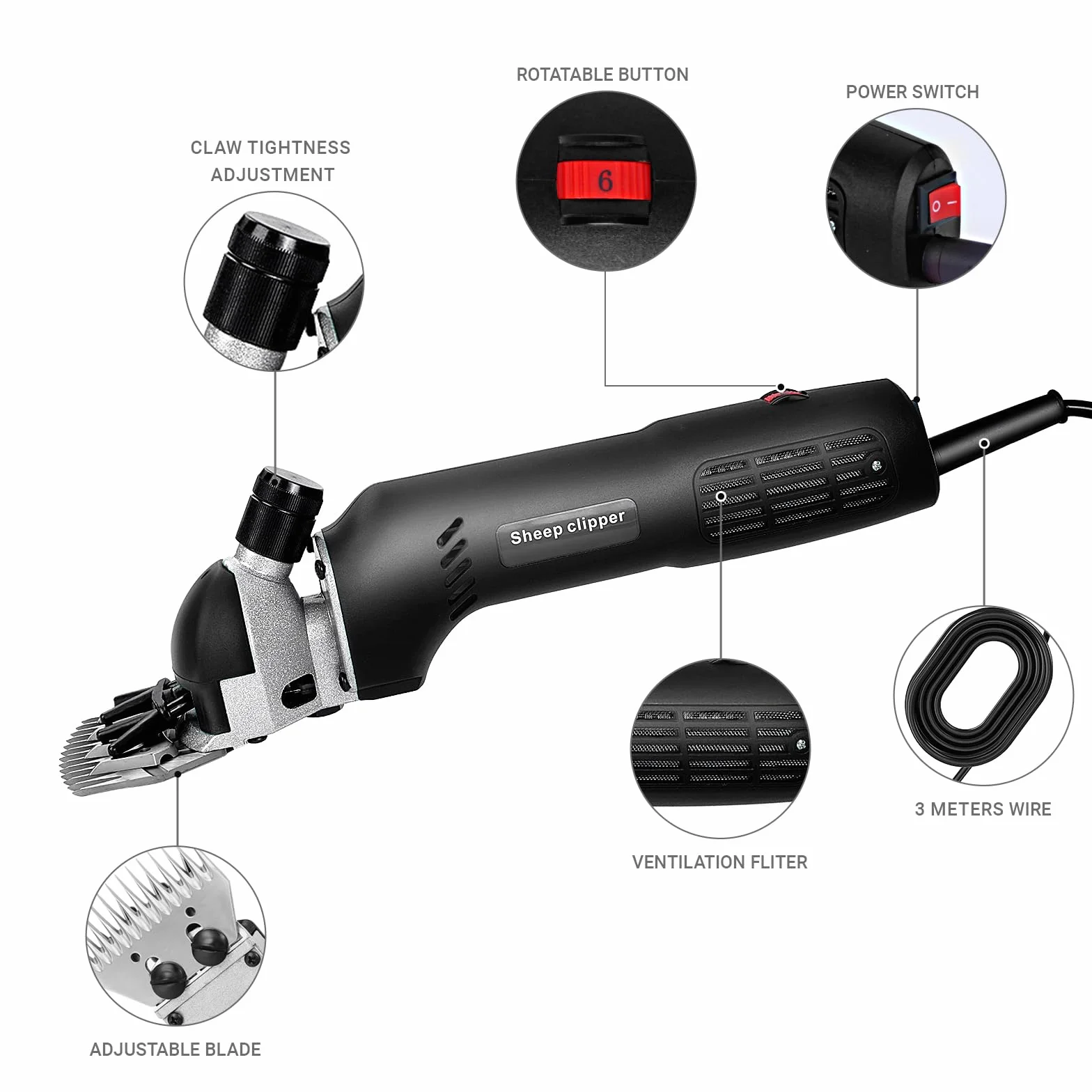 690 W Maquina de Esquilar Eléctrica para Oveja Tijeras, cabras u otros animales (Negro)