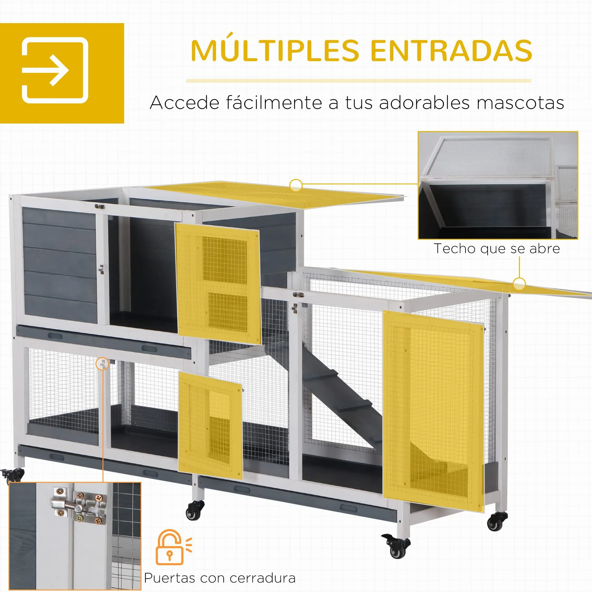 PawHut Conejera de Madera con Ruedas 147x45,5x88,5 cm Jaula para Conejos de 2 Niveles con Techo Abrible 2 Corrales de Metal 3 Bandejas Extraíbles 3 Puertas con Pestillo y Rampa Gris