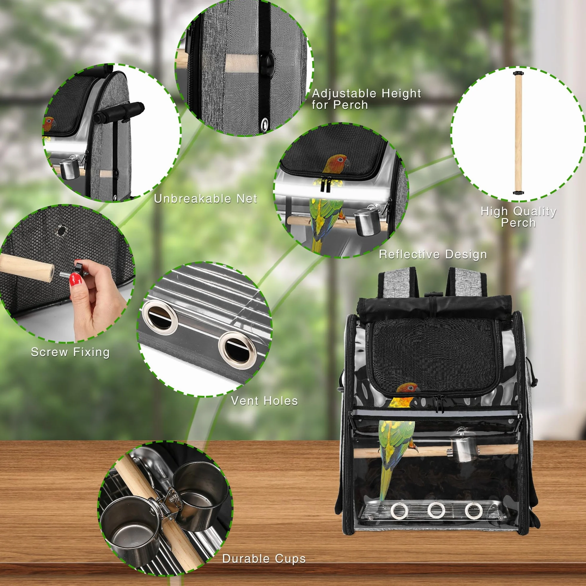 Bolsa transportadora para pájaros con malla de acero inoxidable indestructible, jaula de viaje para pájaros con soporte, mochila fácil de limpiar para loros, bolsa de viaje portátil para