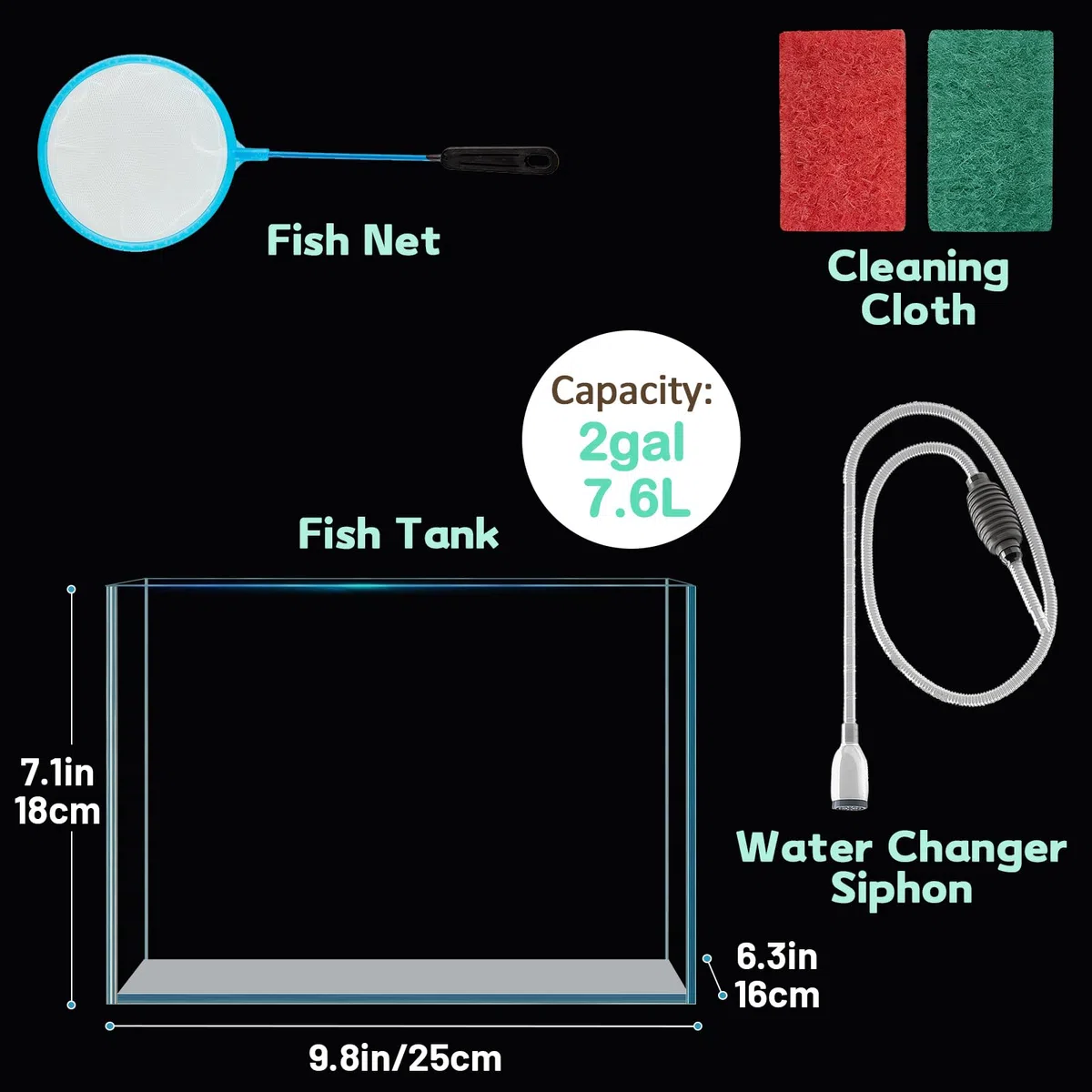 LAQUAL Kit Acuario de 7.6 L con Red, sifón & 2 paños de Limpieza, Cristal Transparente, pequeño Acuario para Betta y Peces Dorados, Bonita decoración del hogar
