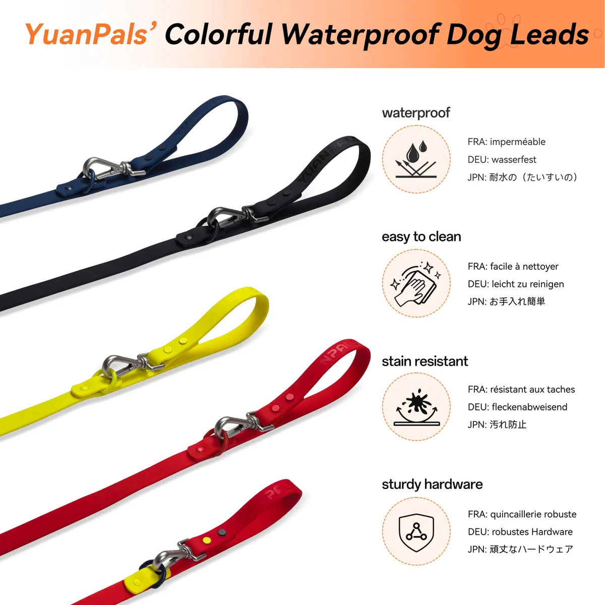 Correa Impermeable para Perro, Correa de Perro Resistente de Doble Extremo, Correa de Nailon recubierta de PVC, fácil de Limpiar, 3 Longitudes o 2 Cachorros (Negro, M)