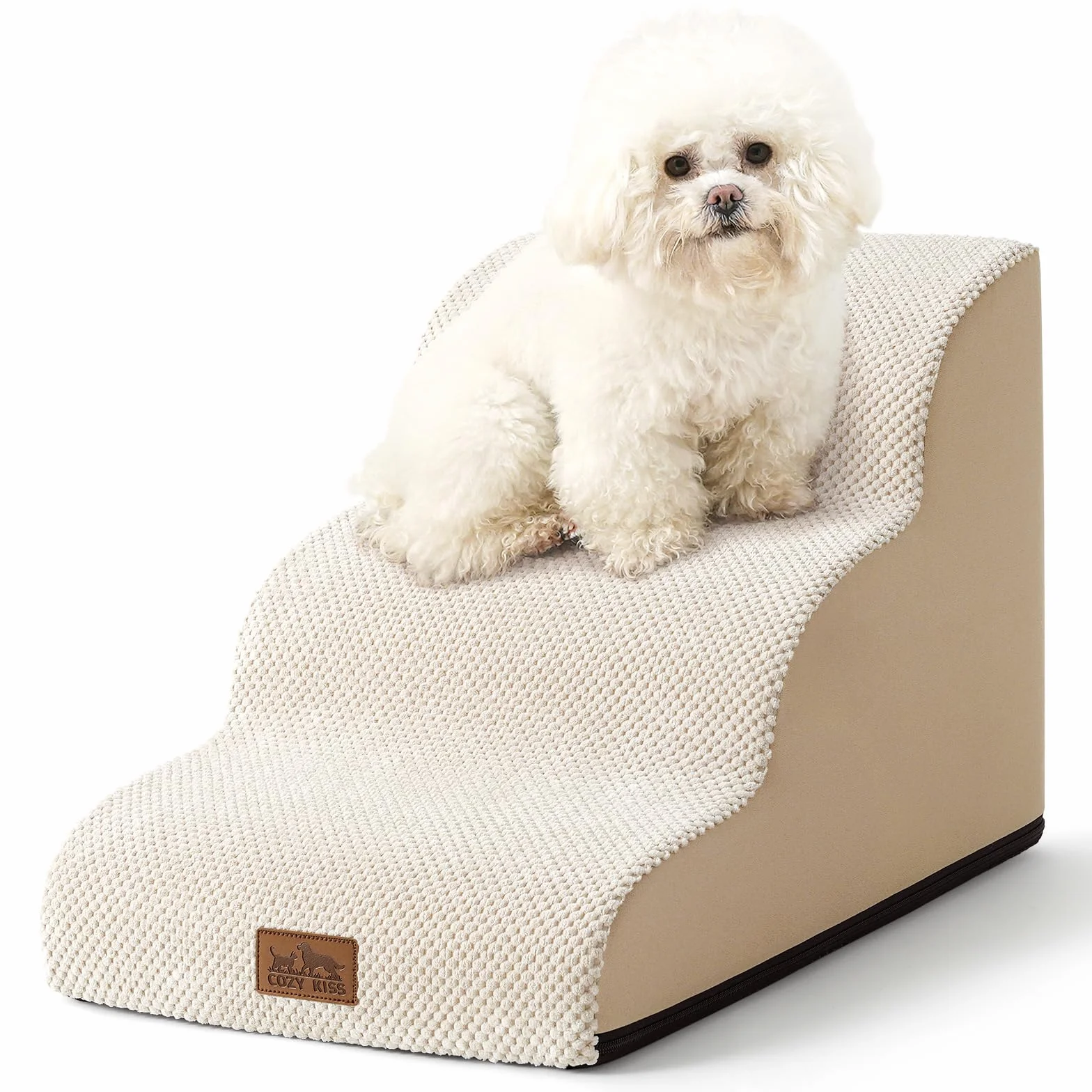 COZY KISS Escalera para Perros Pequeños, Escaleras para Mascotas de Espuma para Cama y sofá, Rampa para Gatos con Funda Lavable y Fondo Antideslizante, Ligera (Beige, 40x57x40cm, 3)
