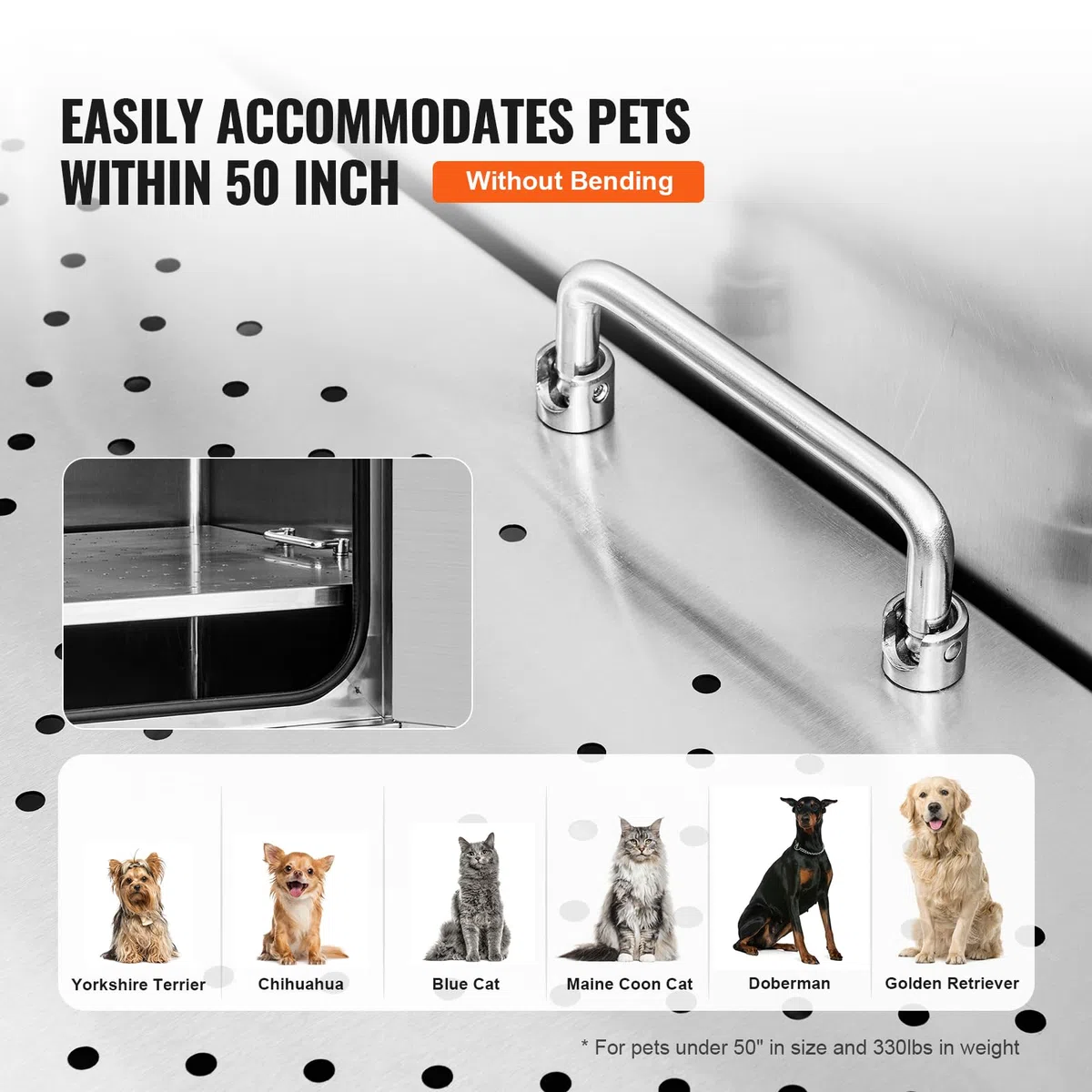 VEVOR Bañera de Acero Inoxidable para Perros Gatos 127 x 58 x 151 cm Bañera Peluquería Canina para Mascotas hasta 1270 mm Tina de Aseo Capacidad de 150 kg con Caja de Jabón Grifo Rampa Derecha