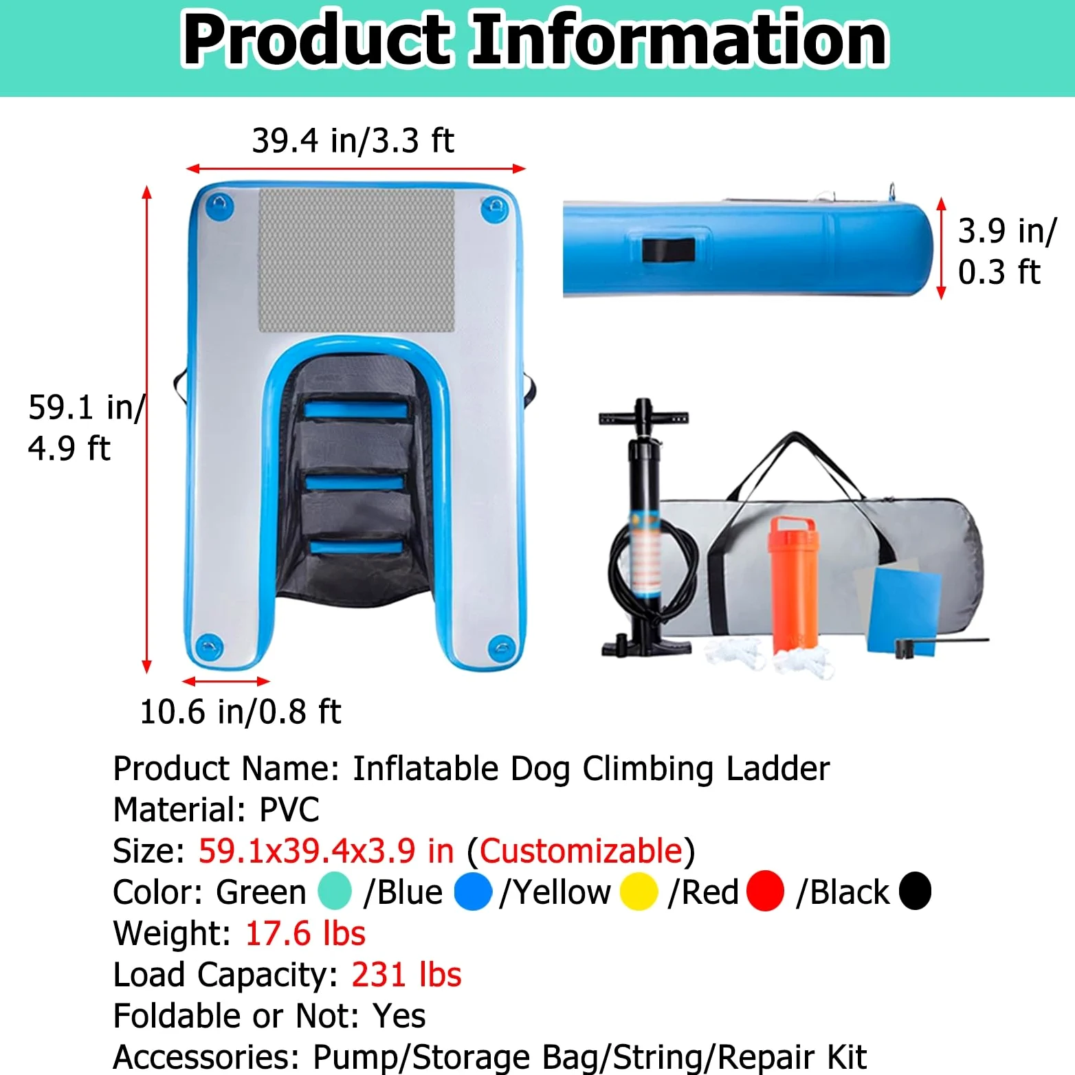 rampa de agua para perros Rampa De Agua Ligera Para Perros, Escalera Inflable Flotante De 99 Cm De Ancho Para Piscinas, Plataforma Reutilizable Con Bomba, Cuerda Y Kit De Reparación, Antideslizante.(B