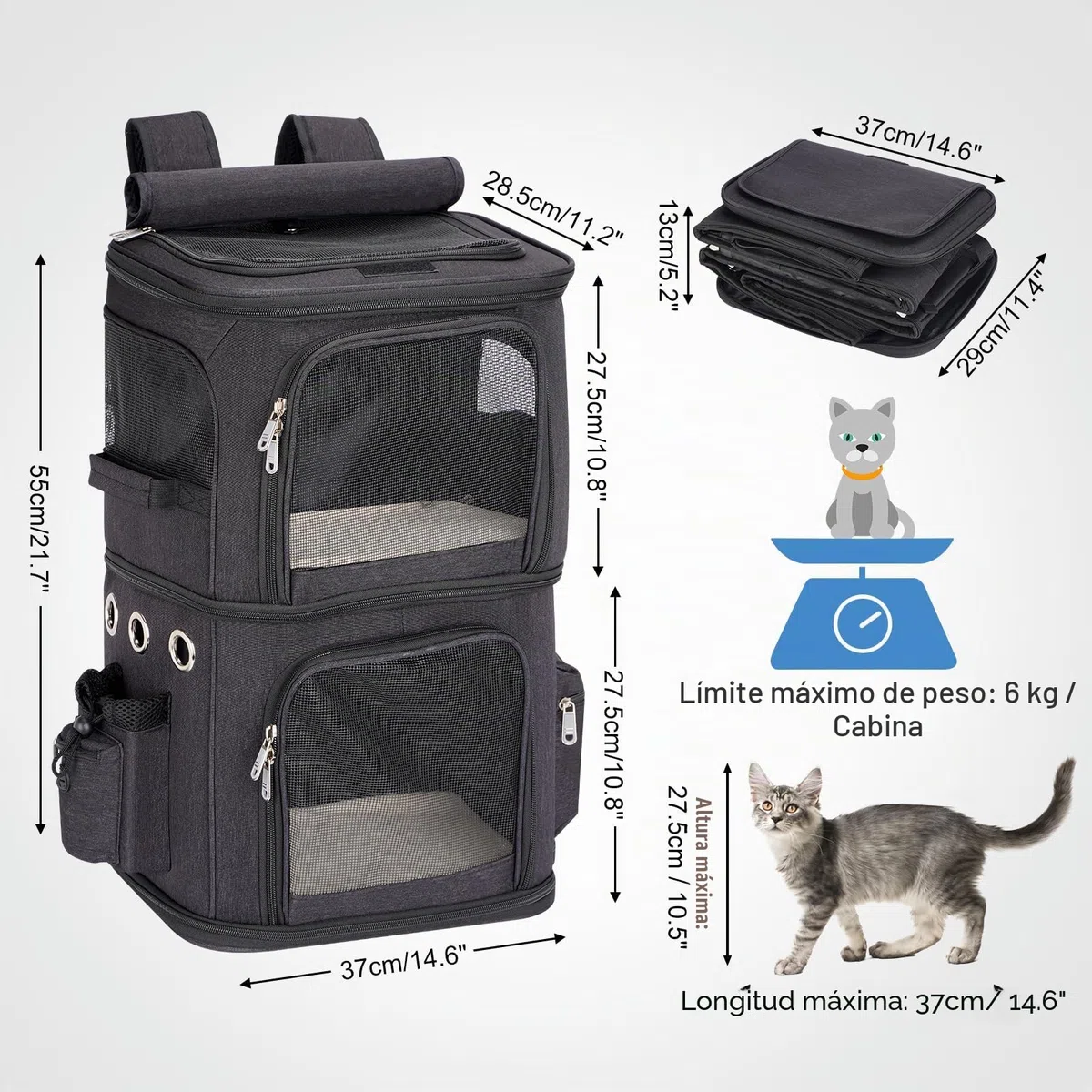 Mochila para 2 Gatos 2 en 1, Doble Compartimento con Divisor Extraíble, Transportín para Gato Grande hasta 12 kg, Portátil para Viajes y Paseos, Negro