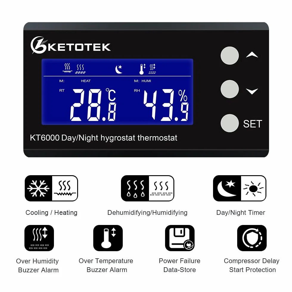 KETOTEK Enchufe con Higrostato Termostato con Sonda, Dia/Noche Controlador de Humedad y Temperatura Regulador Digital 220V con Temporizador para Terrario Reptil Invernadero Incubadora