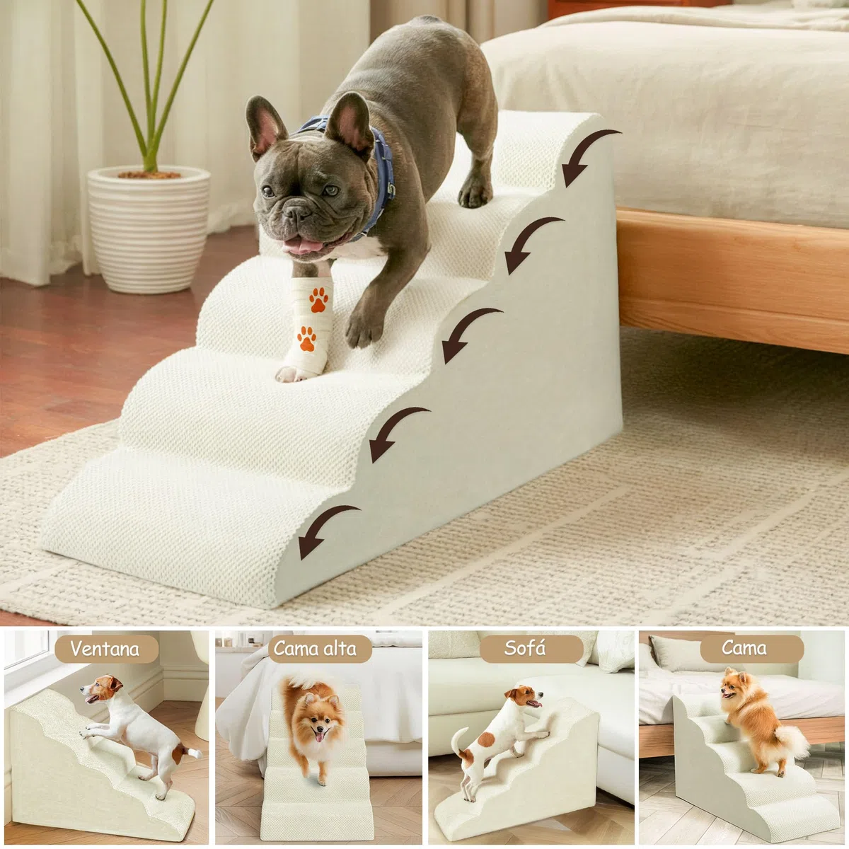 Niubya Escalera para Perros y Gatos Pequeños, 2 Peldaños 30 cm, Espuma 30D Alta Densidad, Antideslizante, Funda Extraíble Lavable, Sofá y Cama para Mascotas Mayores, Beige