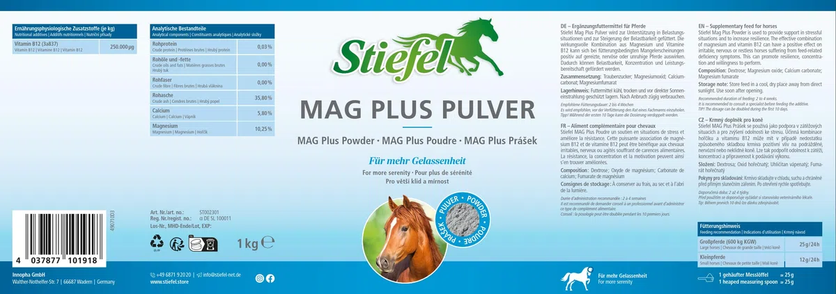 Stiefel MAG Plus para caballos, altas dosis de magnesio, puede tener un efecto positivo en caballos inquietos y apoyar en situaciones de estrés, con vitamina B12, polvo, 1 kg